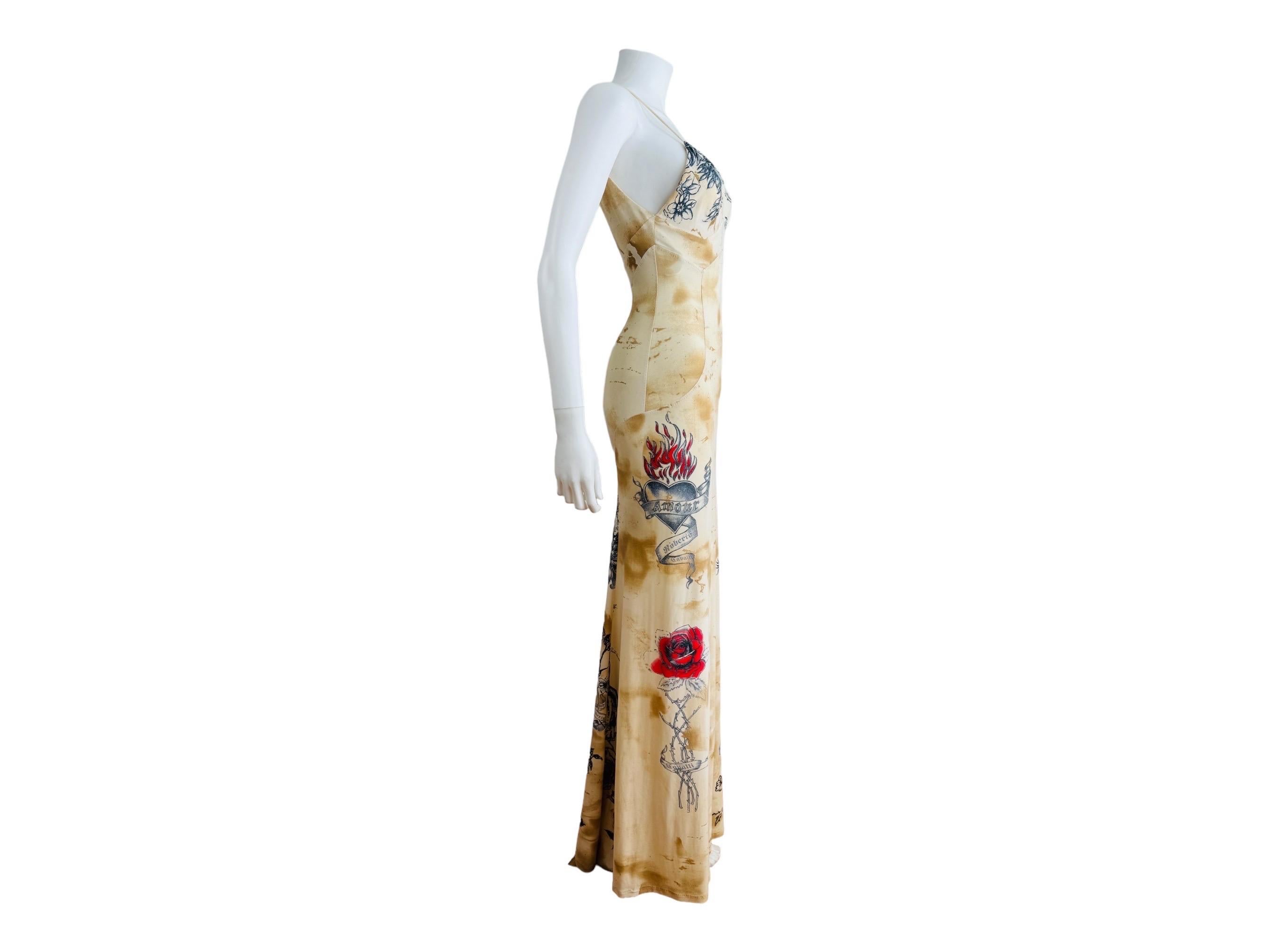 Vintage S/S 2003 Y2K Roberto Cavalli Tattoo Maxi Dress Gown Tiger Hearts For Sale 5