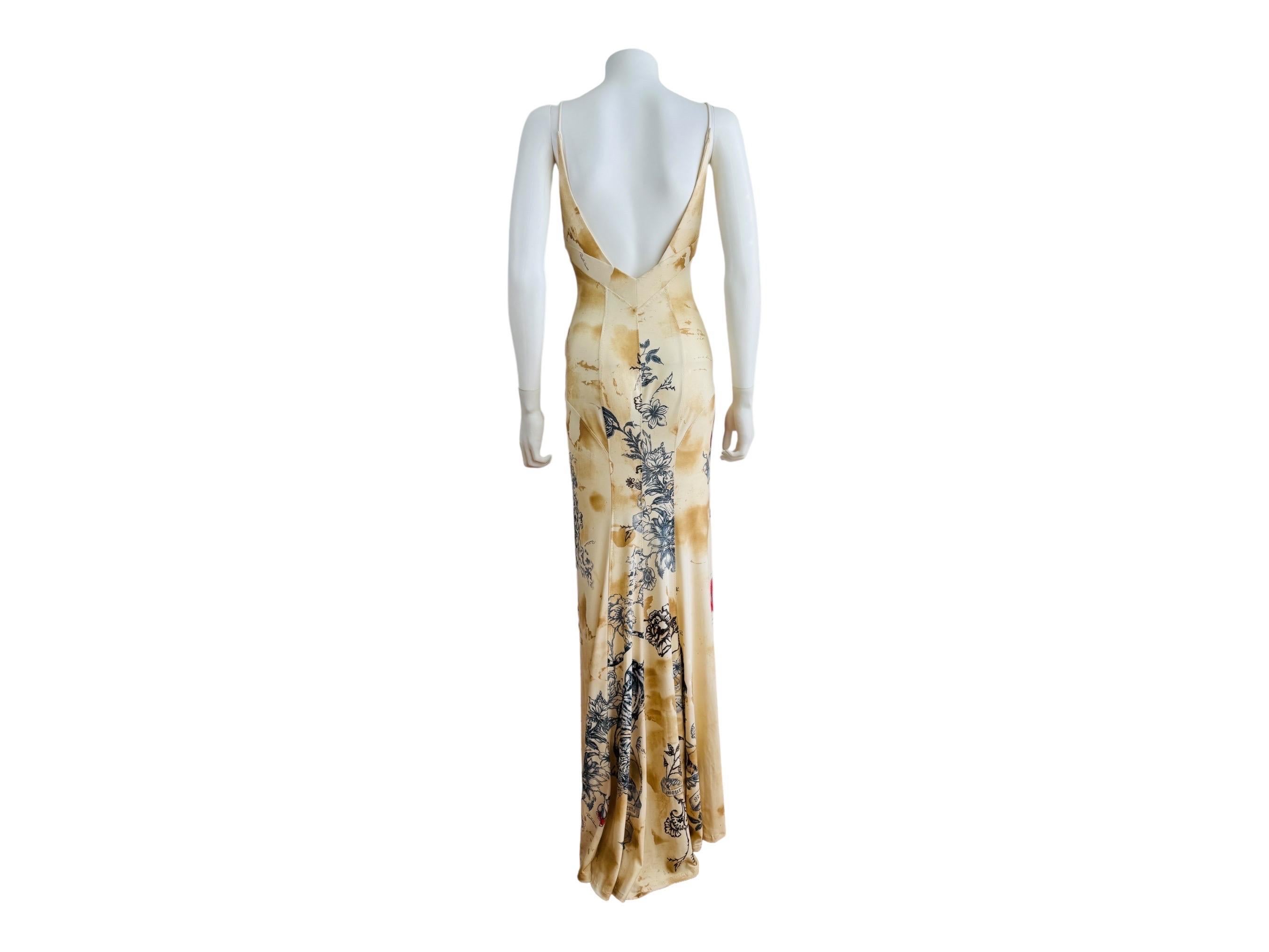 Vintage S/S 2003 Y2K Roberto Cavalli Tattoo Maxi Dress Gown Tiger Hearts For Sale 6
