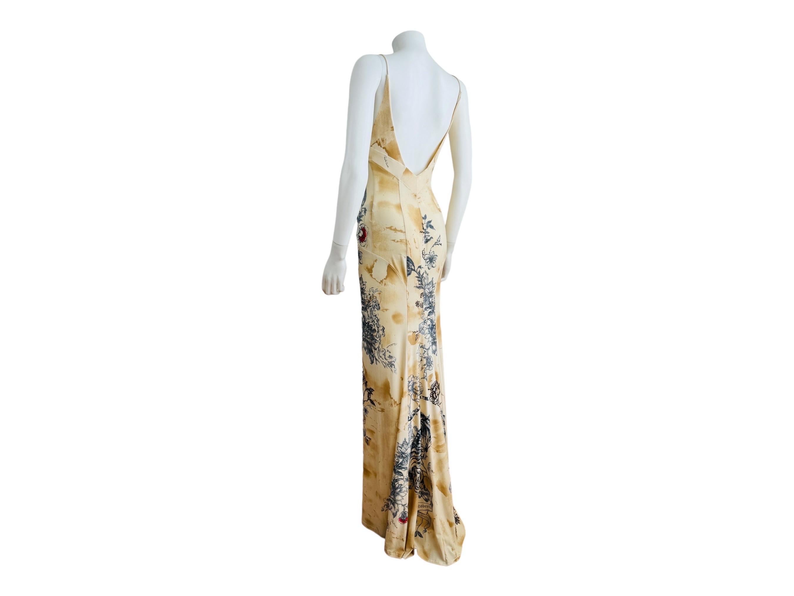 Vintage S/S 2003 Y2K Roberto Cavalli Tattoo Maxi Dress Gown Tiger Hearts For Sale 8