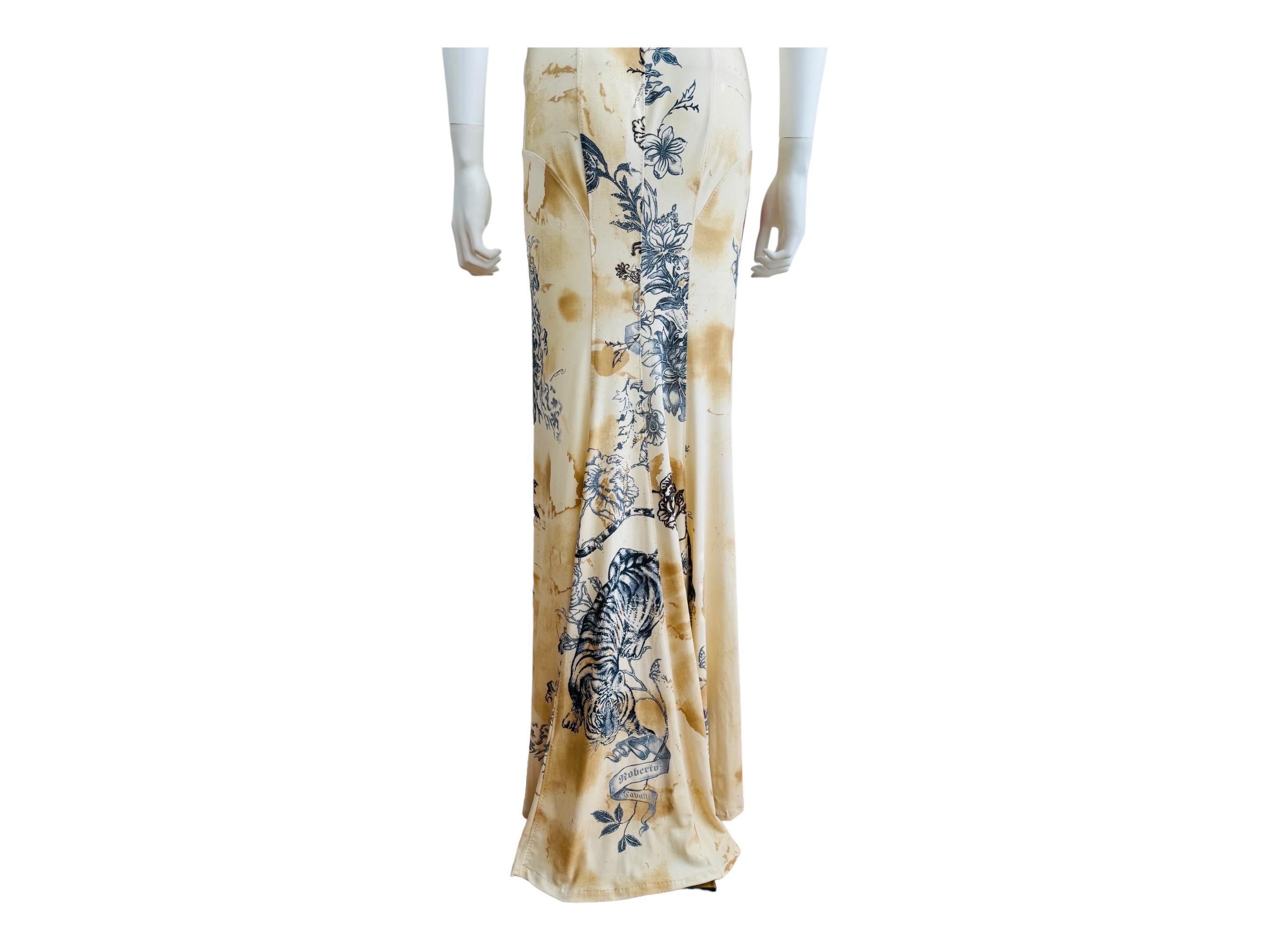Vintage S/S 2003 Y2K Roberto Cavalli Tattoo Maxi Dress Gown Tiger Hearts For Sale 10