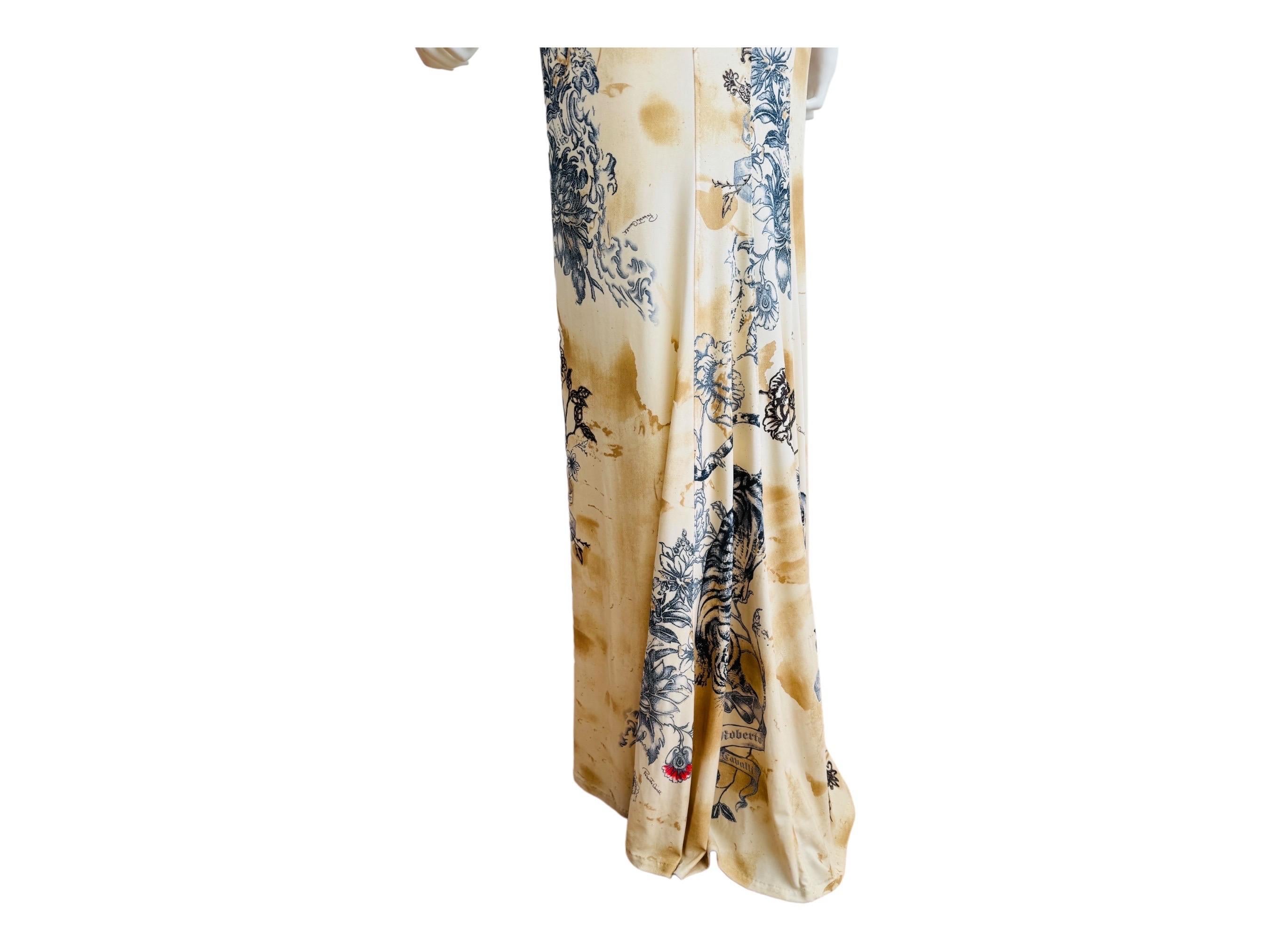 Vintage S/S 2003 Y2K Roberto Cavalli Tattoo Maxi Dress Gown Tiger Hearts For Sale 11