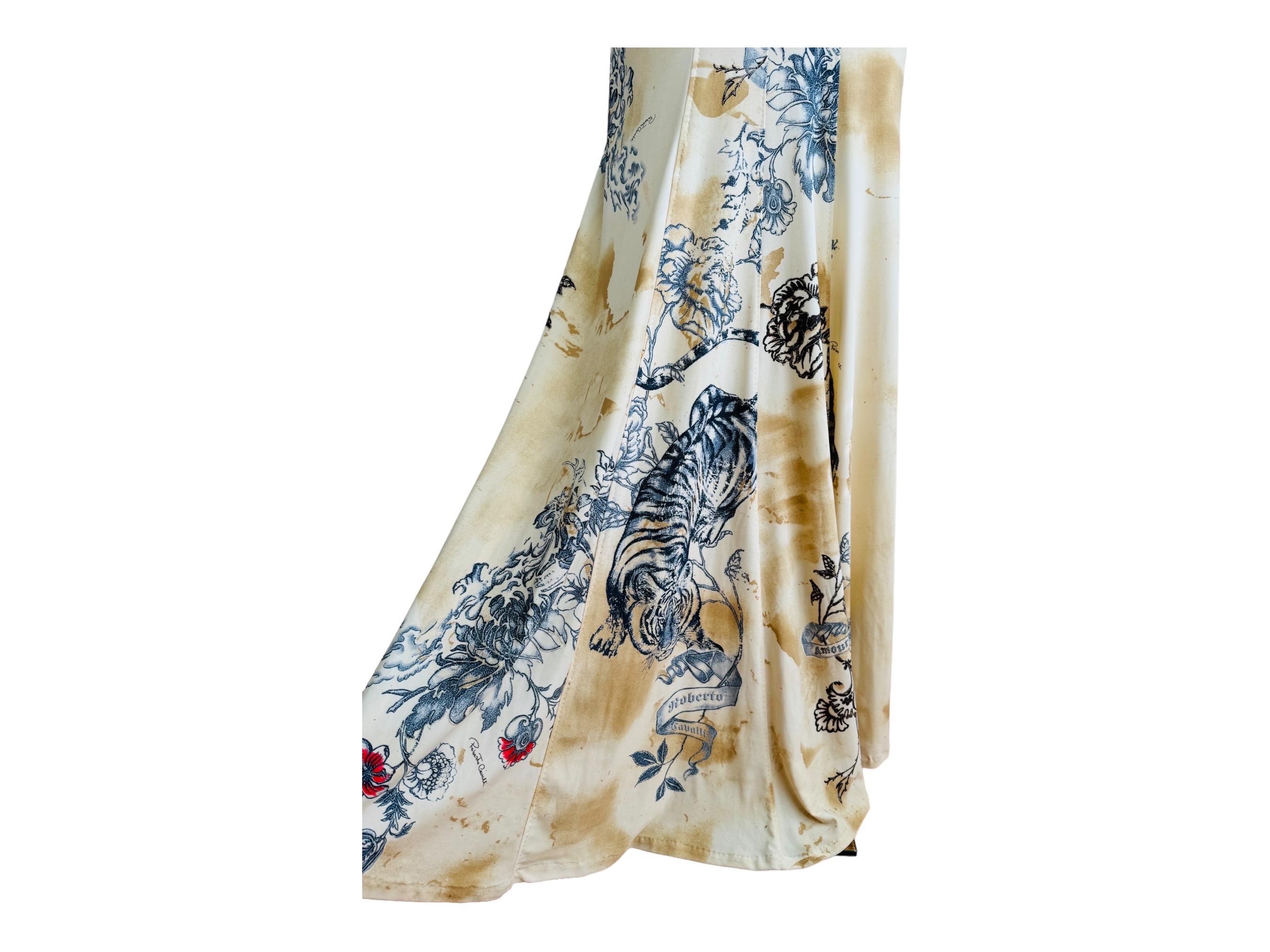Vintage S/S 2003 Y2K Roberto Cavalli Tattoo Maxi Dress Gown Tiger Hearts For Sale 13