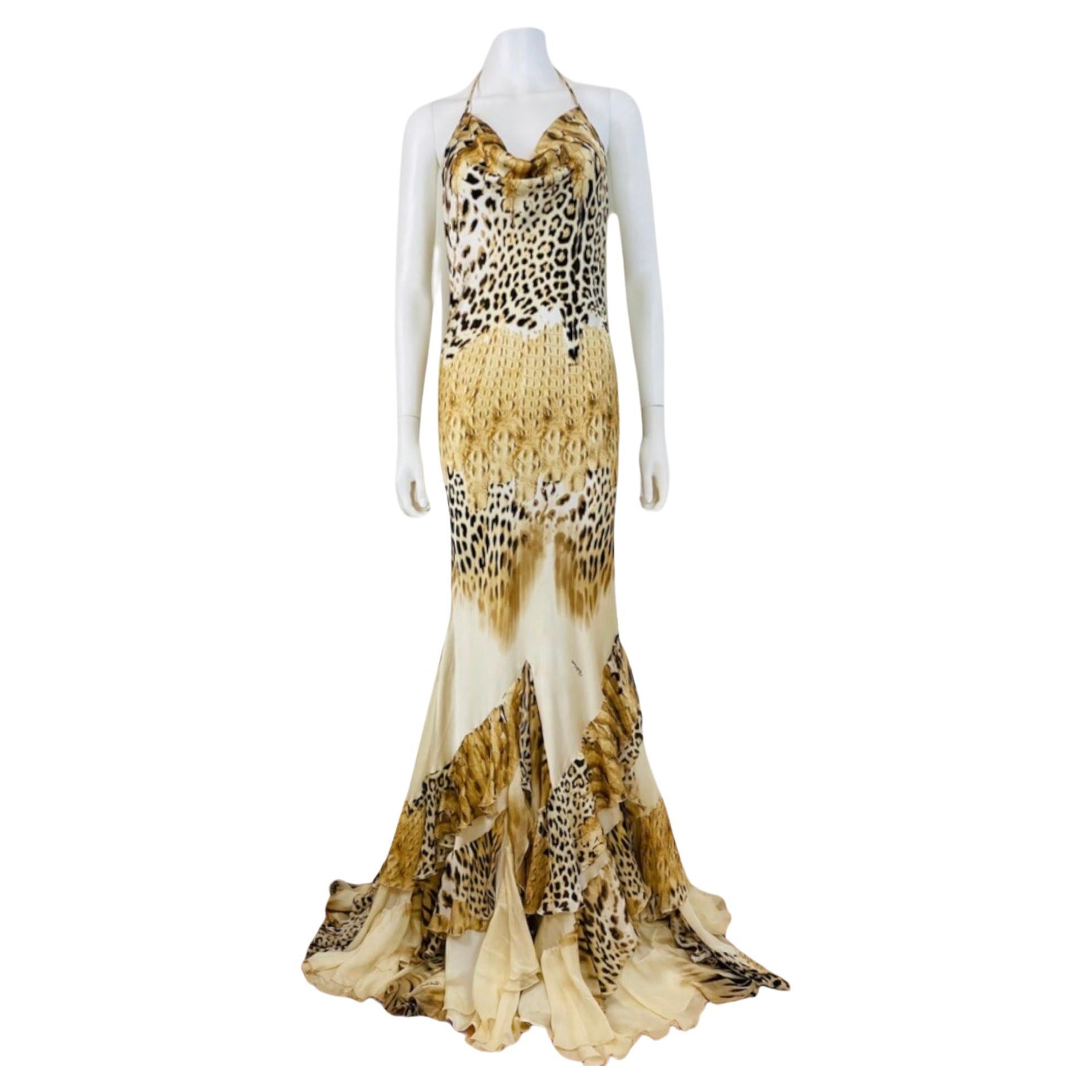 Vintage 2002 Y2K Roberto Cavalli Silk Cheetah Crocodile Mermaid Halter Dress For Sale