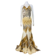 Used 2002 Y2K Roberto Cavalli Silk Cheetah Crocodile Mermaid Halter Dress