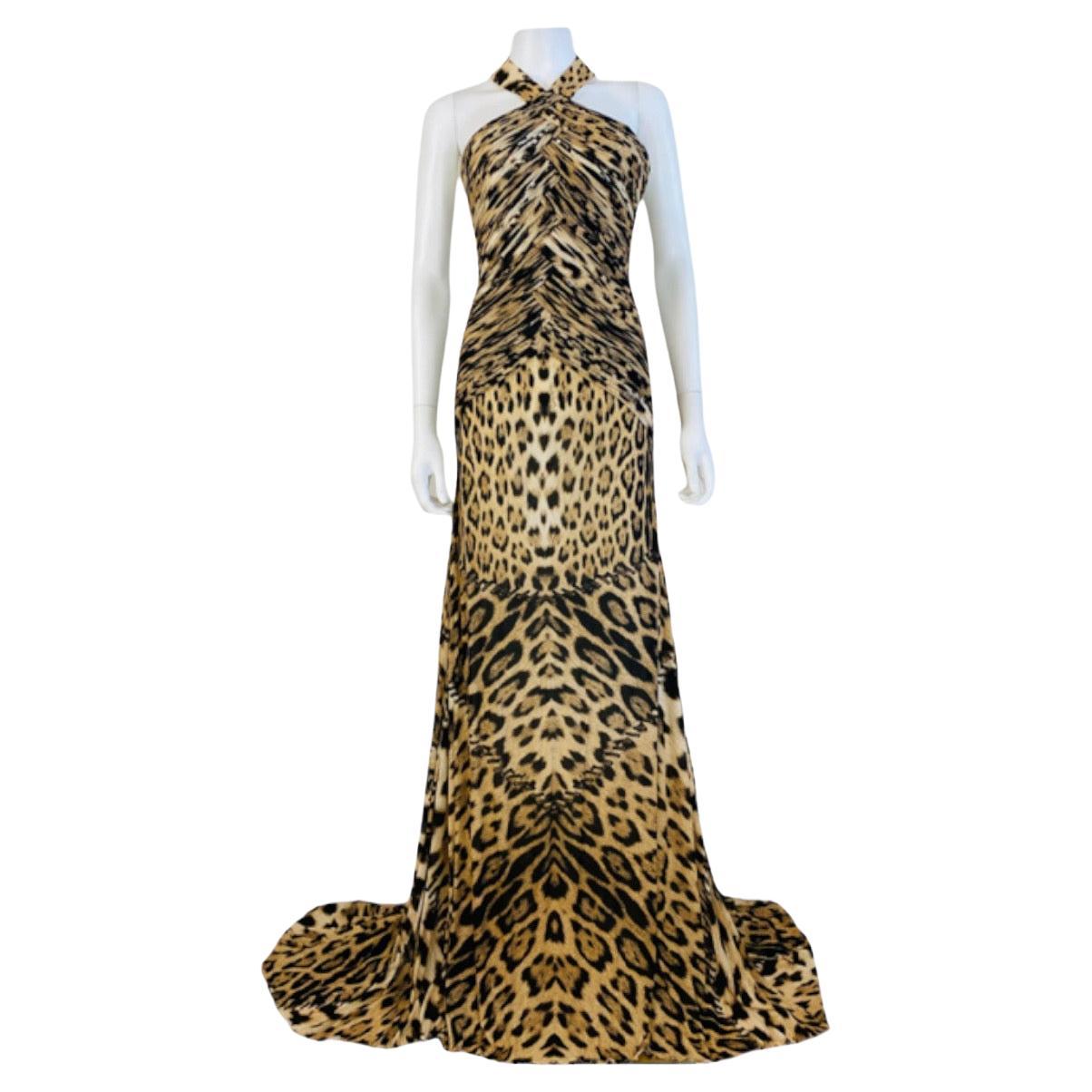 Vintage Y2K 2000s Roberto Cavalli Leopard Animal Print Halter Maxi Dress Gown For Sale