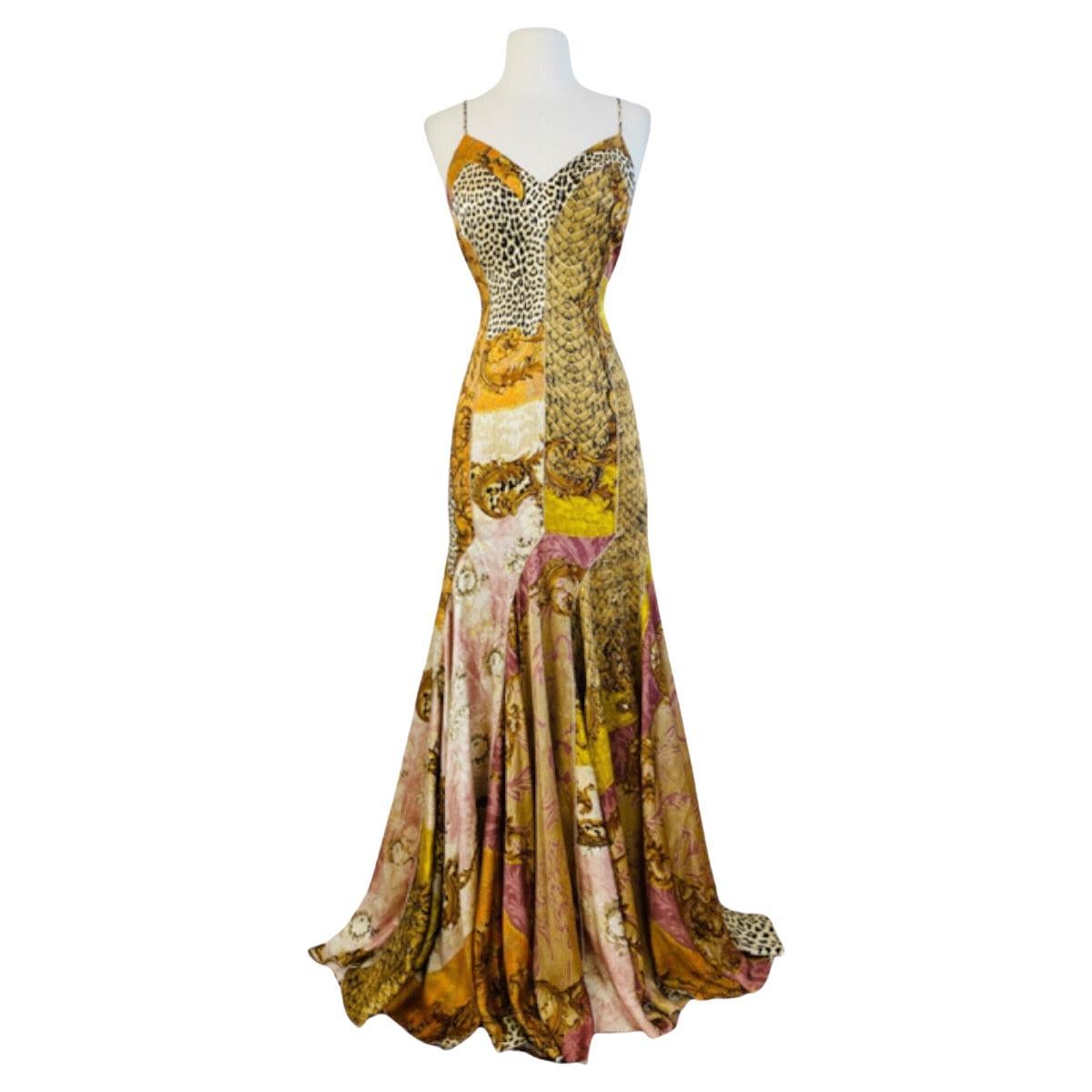 Vintage 2004 Roberto Cavalli Patchwork Baroque Animal Leopard Silk Dress Gown For Sale