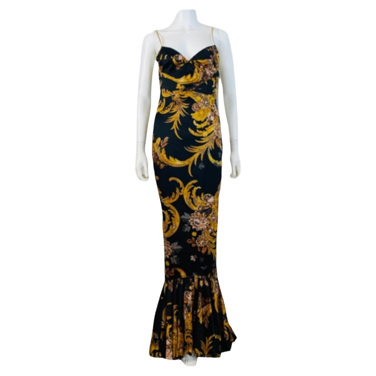 Vintage 2000s Y2K Just Cavalli Roberto Cavalli Black Gold Baroque Dress Gown For Sale