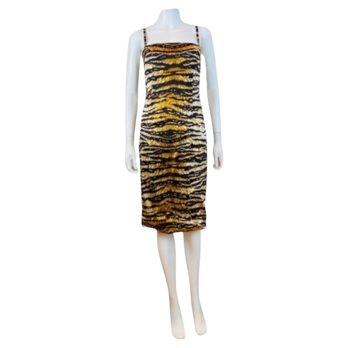 Vintage Dolce + Gabbana 2000s Y2K Tiger Stripe Stretch Silk Dress New With Tags For Sale