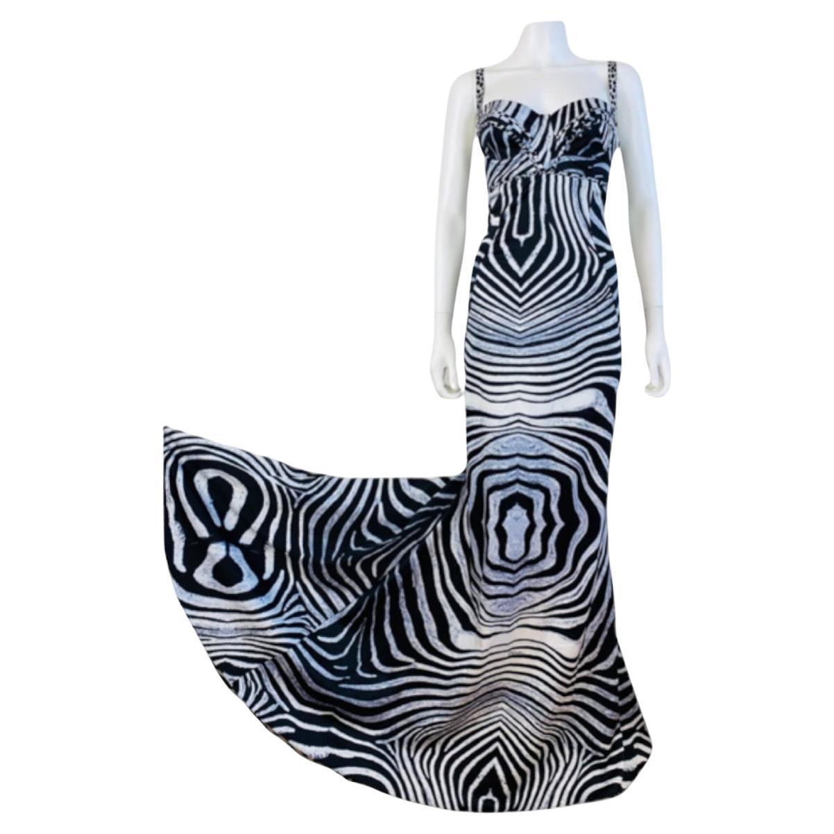 Vintage 2000s Roberto Cavalli Just Cavalli Bustier Zebra Animal Print Dress Gown For Sale