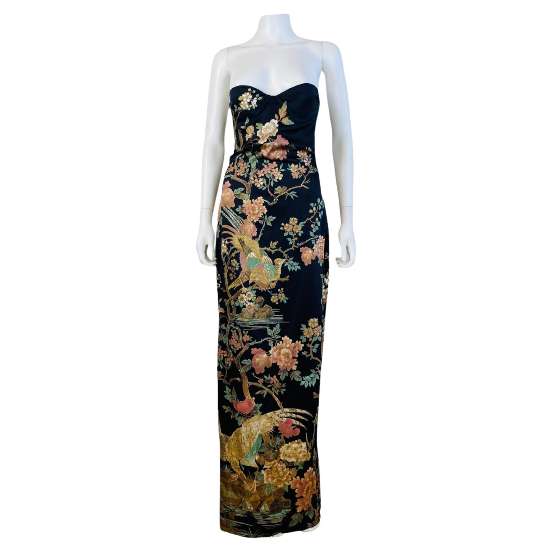 Vintage F/W 2006 Roberto Cavalli Black Silk Floral Pheasant Strapless Dress Gown For Sale