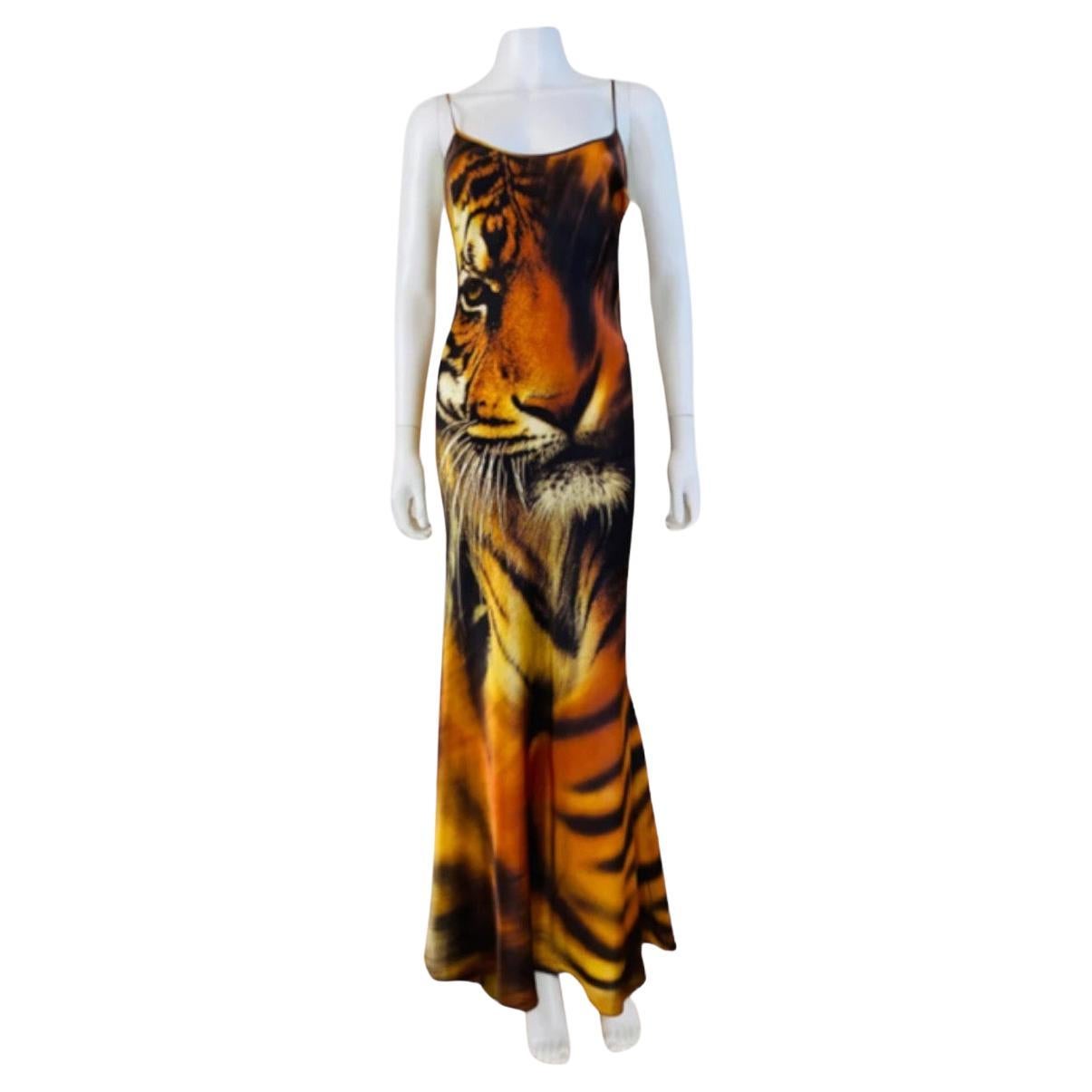 Iconic Documented Vintage F/W 2000 Roberto Cavalli Tiger Silk Maxi Slip Dress