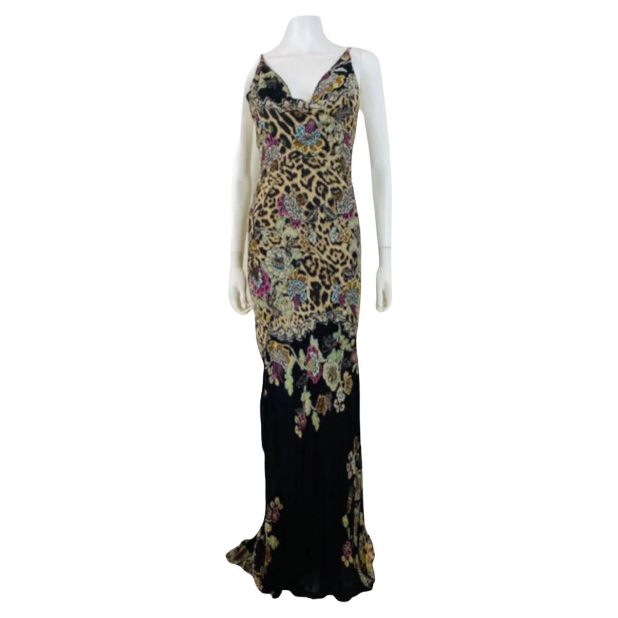 Vintage S/S 2003 Roberto Cavalli Black Chinoiserie Leopard Floral Dress Gown For Sale