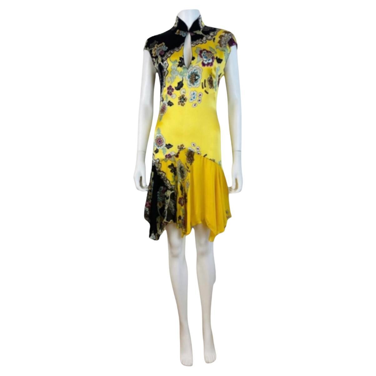 Vintage Roberto Cavalli S/S 2003 Chinoiserie Yellow Floral Silk Mini Dress For Sale