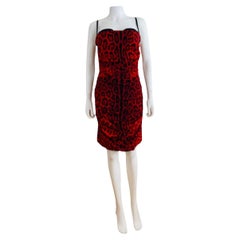 Vintage Dolce + Gabbana 2000s Silk Red Leopard Print Fitted Ruched Mini Dress