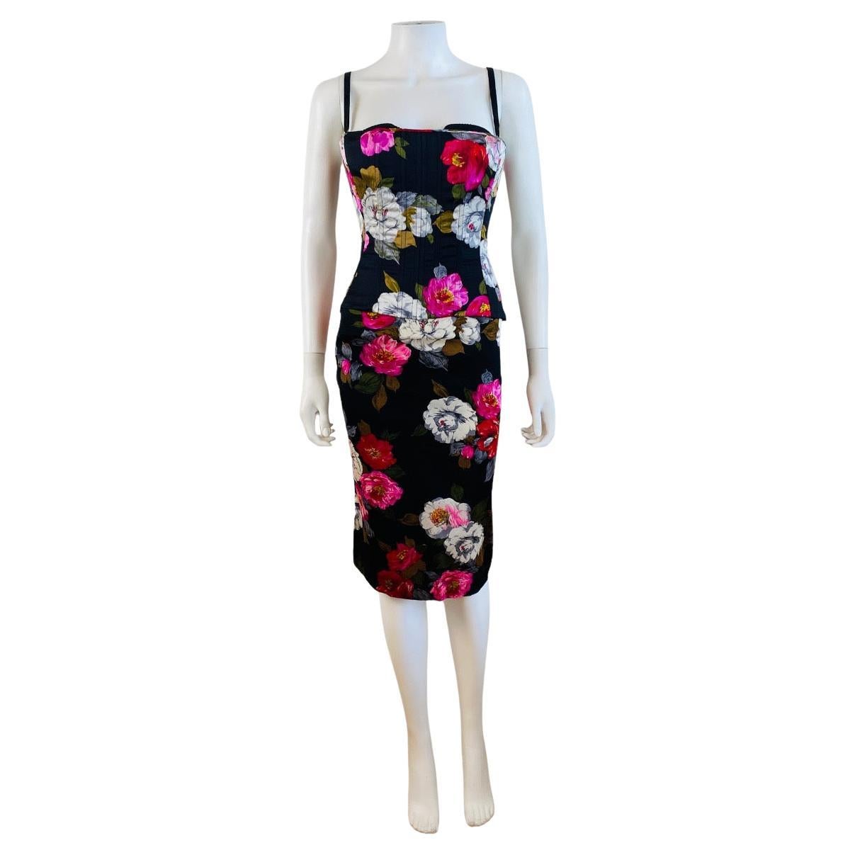 Vintage 2001 Dolce + Gabbana Silk Black + Pink Floral Corset Bustier Set Skirt
