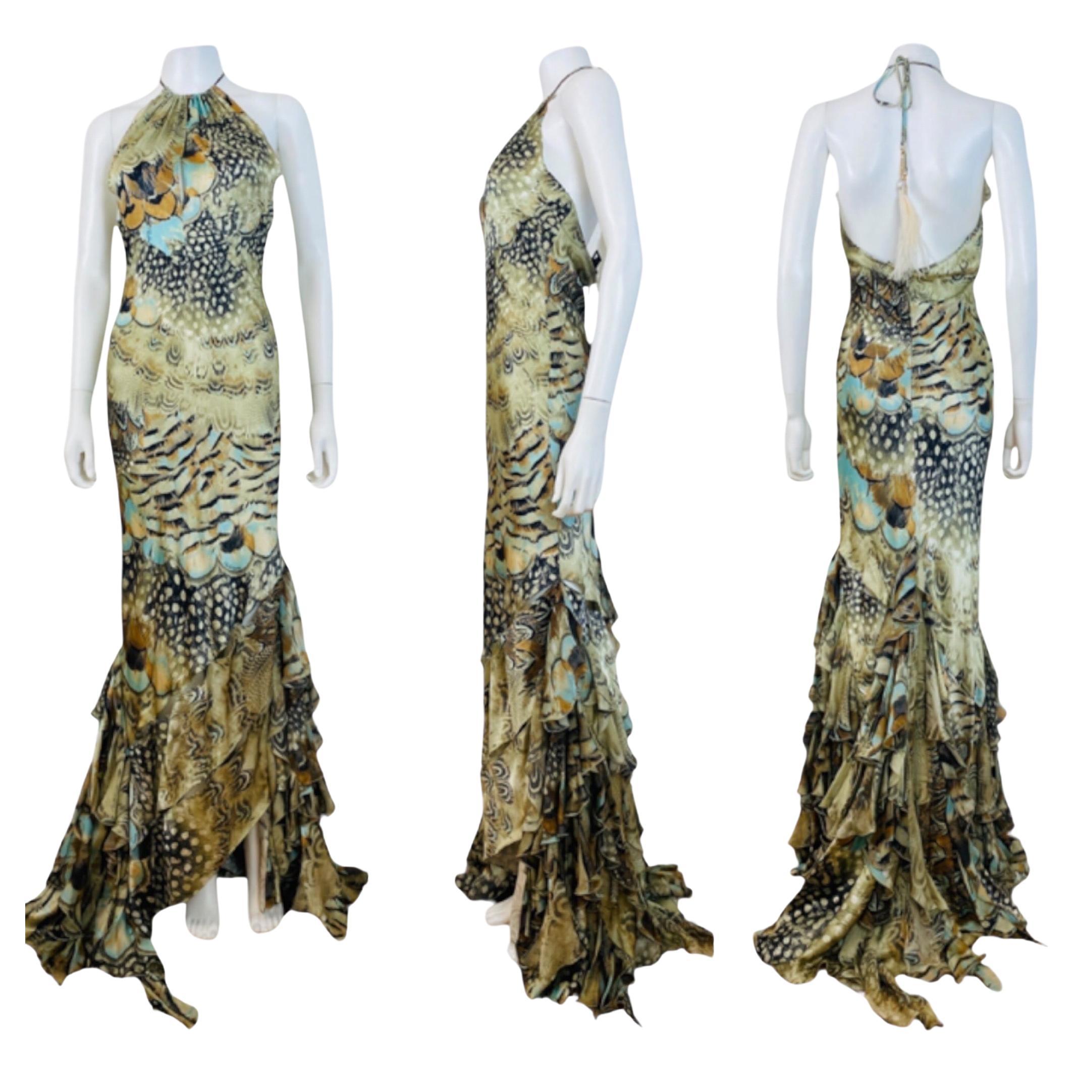 Vintage S/S 2004 Y2K Roberto Cavalli Silk Feather Print Halter Dress Gown Ruffle For Sale