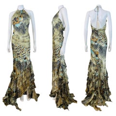 Vintage S/S 2004 Y2K Roberto Cavalli Silk Feather Print Halter Dress Gown Ruffle