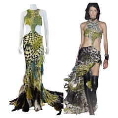 Vintage F/W 2003 Runway Roberto Cavalli Beaded Cut Out Feather Gown Dress