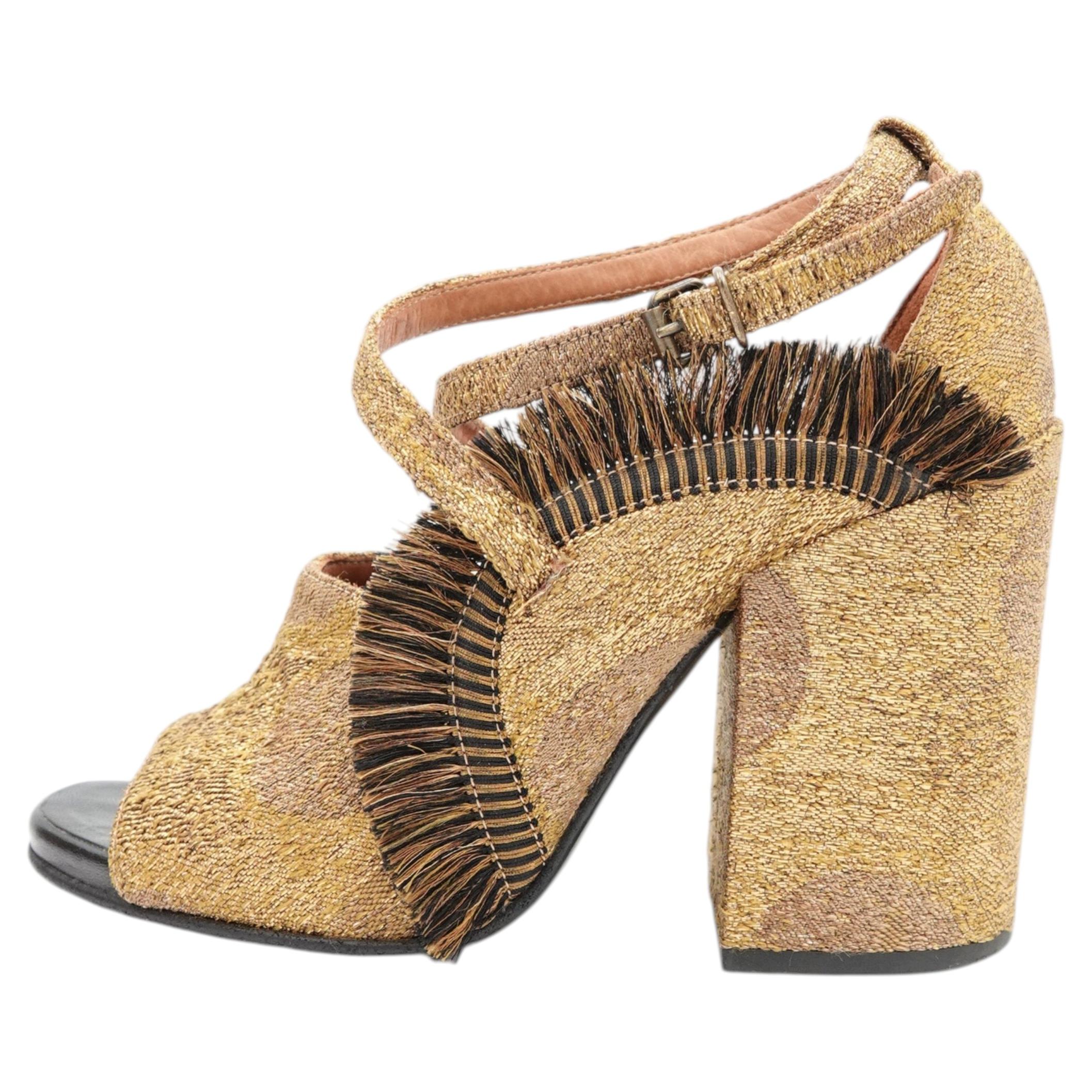 DRIES VAN NOTEN AW 2015 Gold Brocade Fringe Block Heel Sandals