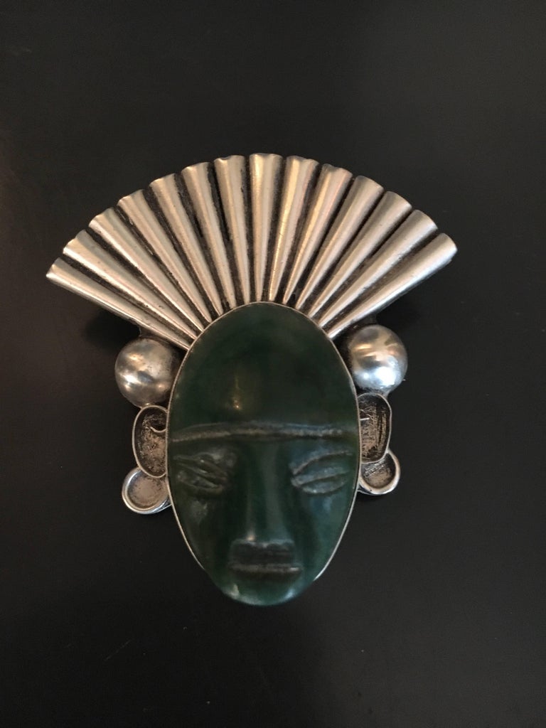 Vintage 40s Mexican Silver & Faux Jade Brooch