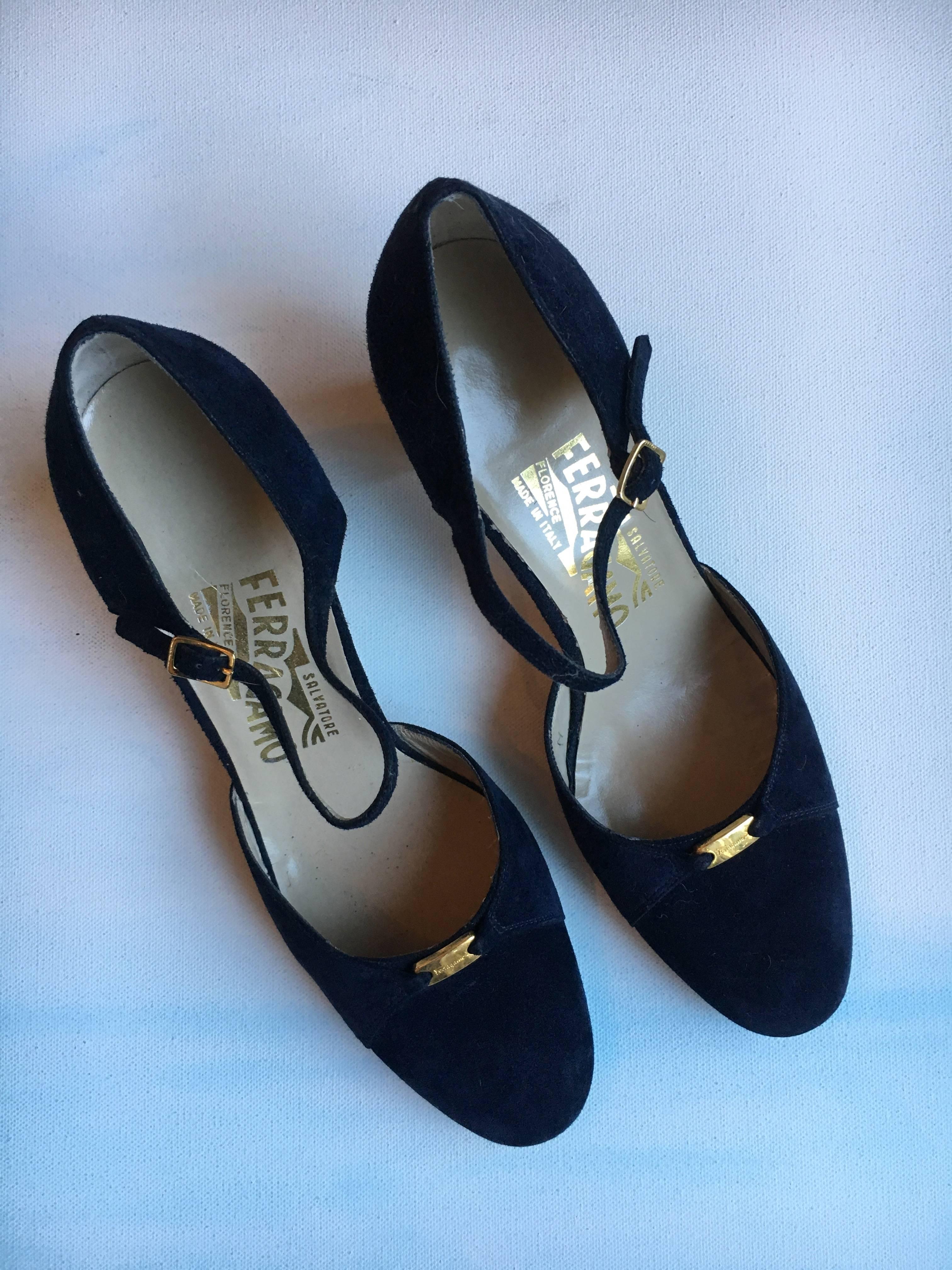Black Ladies Blue Velvet Ferragamo Shoes