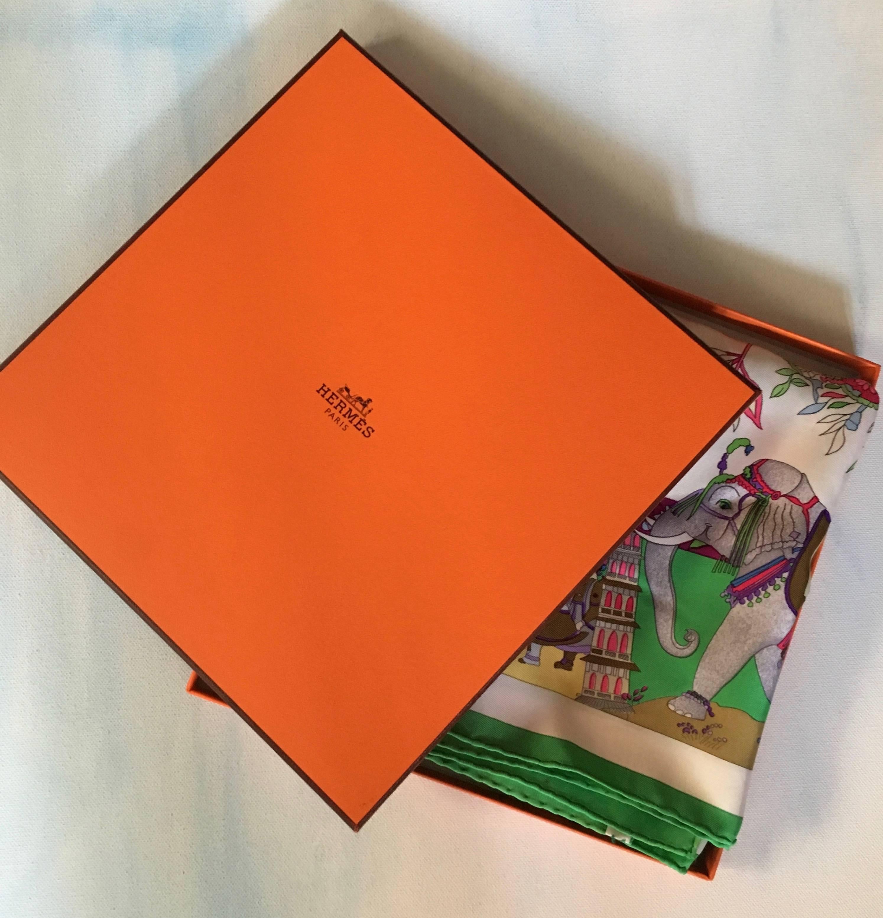 Vintage Hermes Paris Loic Dubipeon Fantasies Indiennes Scarf - The vibrant colors of this beautifully designed piece are the perfect backdrop for the exciting elements of India and all of it's textures and rich history.

This piece is a great