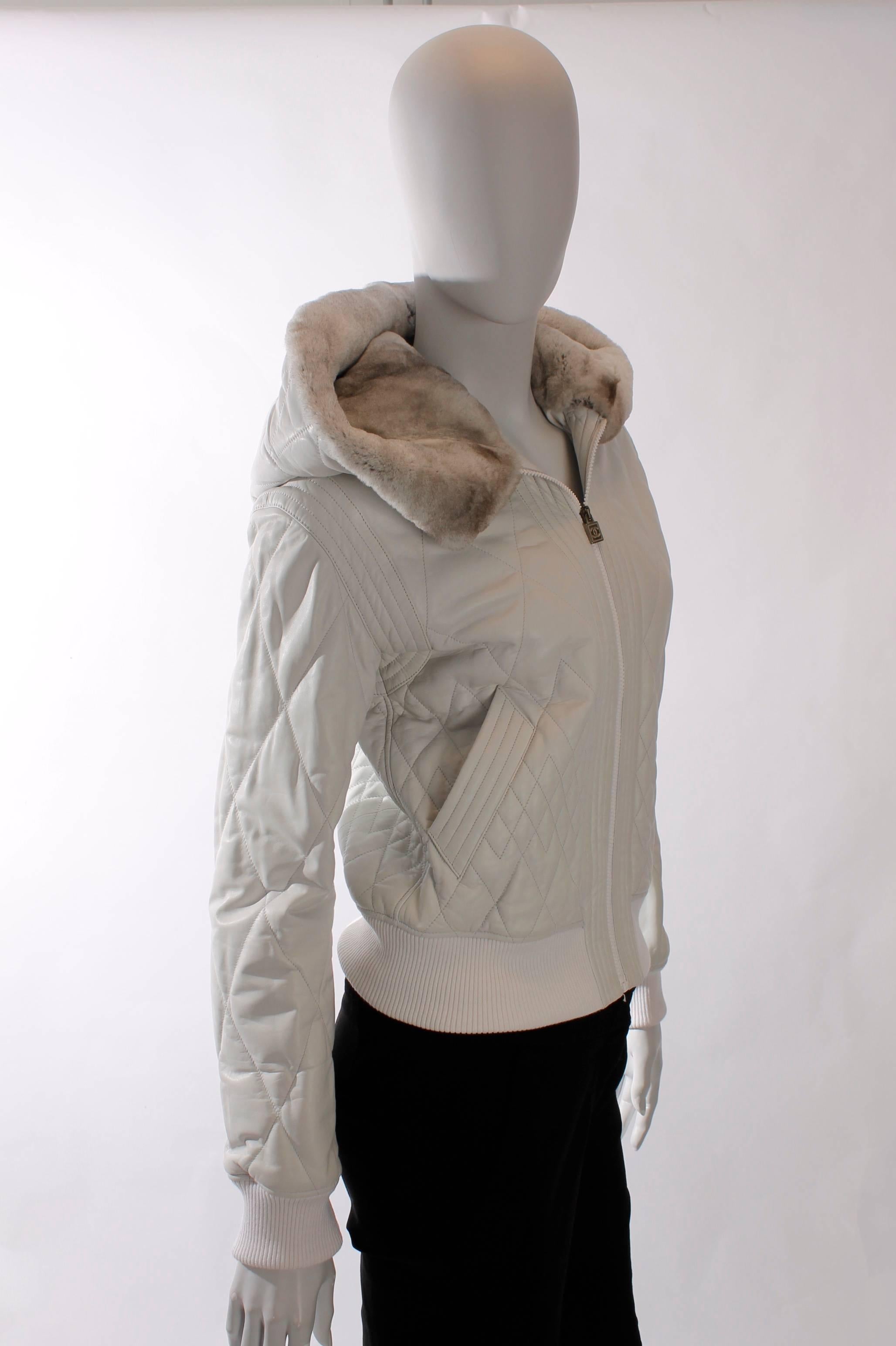 Gray Chanel leather/orylag jacket - white with ultrasoft light gray orylag rabbit fur