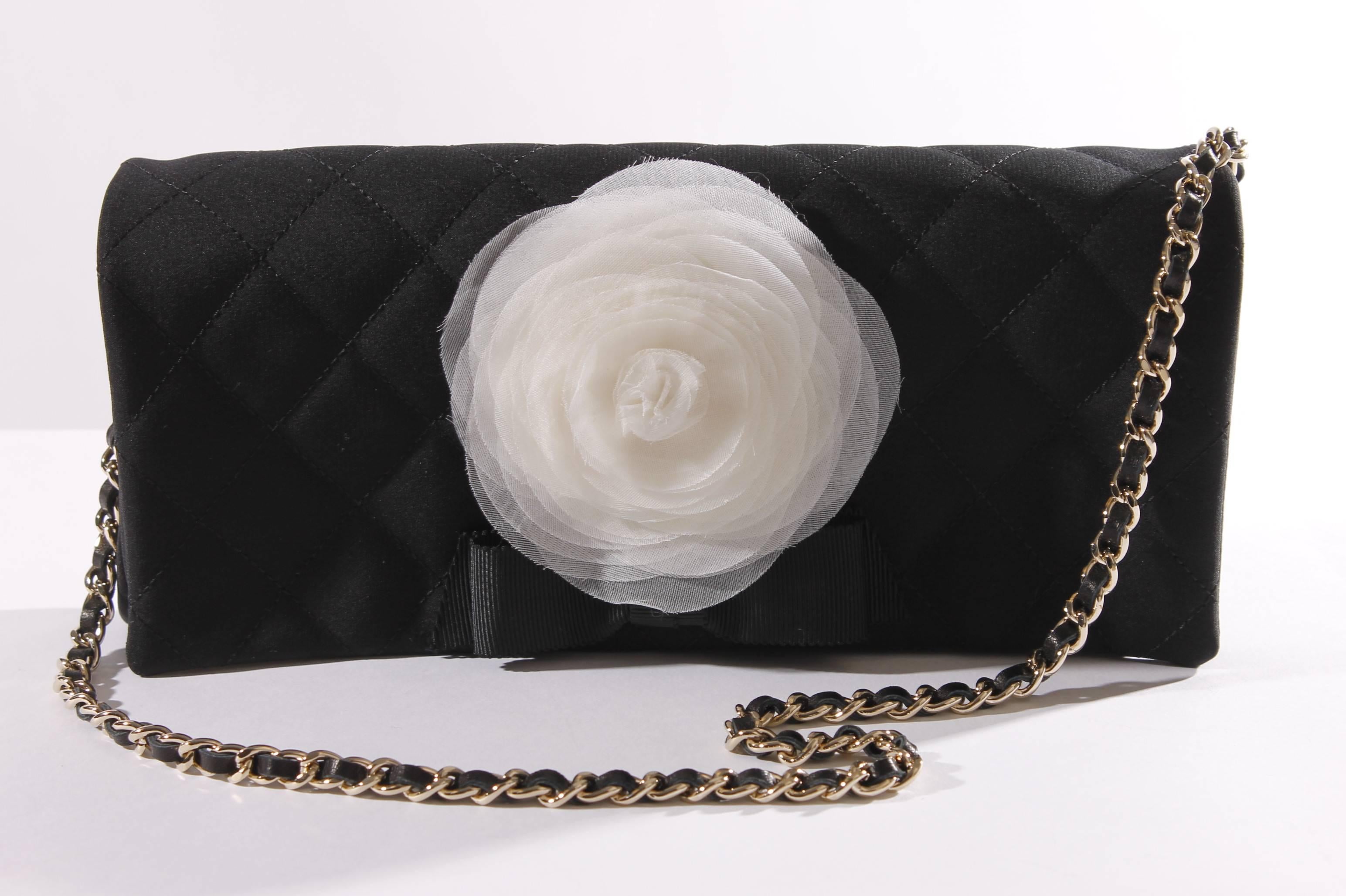 Black Chanel Satin Camellia Clutch Bag - black/white/silver For Sale