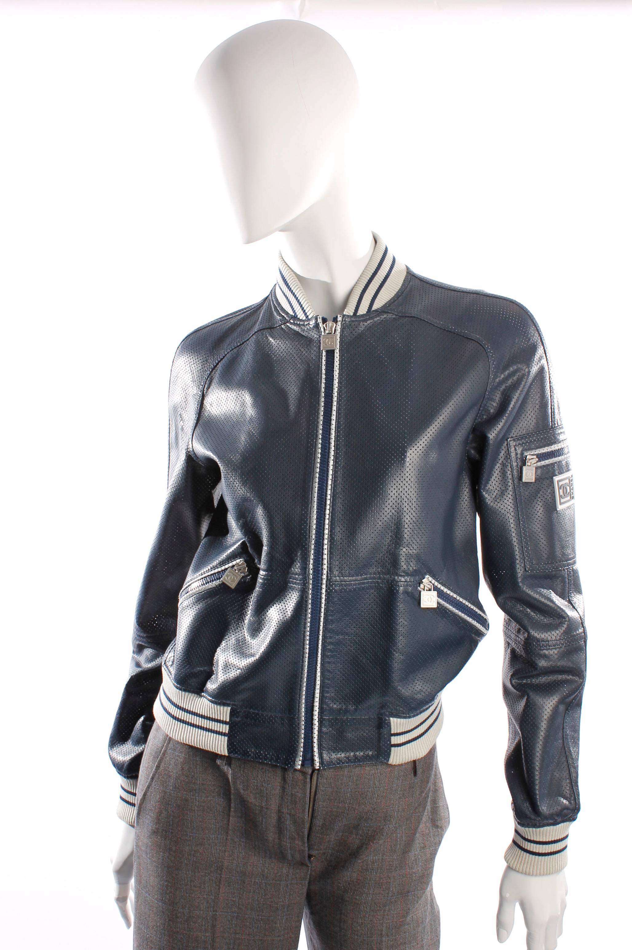 Black Chanel Jacket Leather - blue/silver