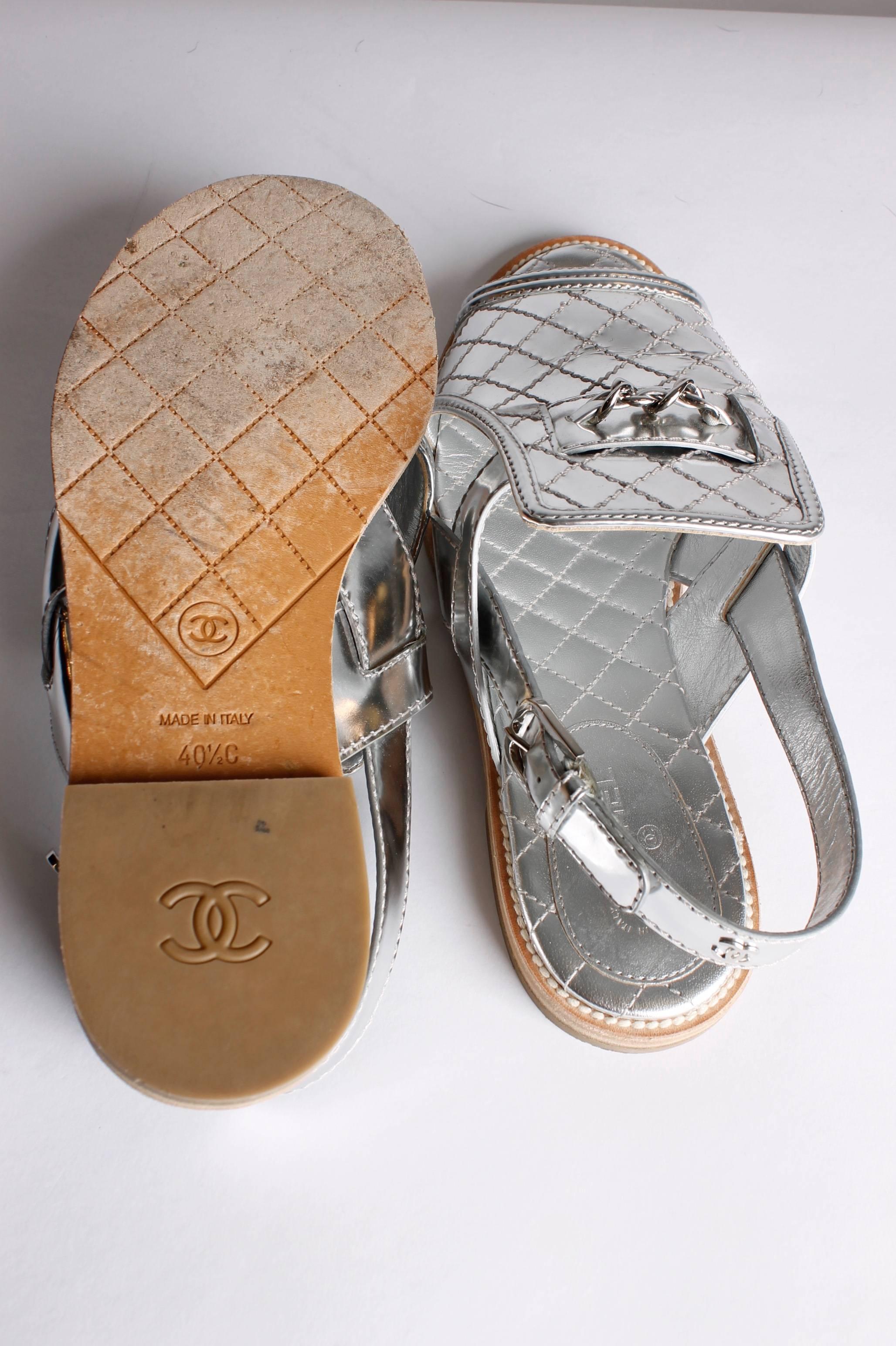Silver Chanel Sandals Quilted Leather - silver