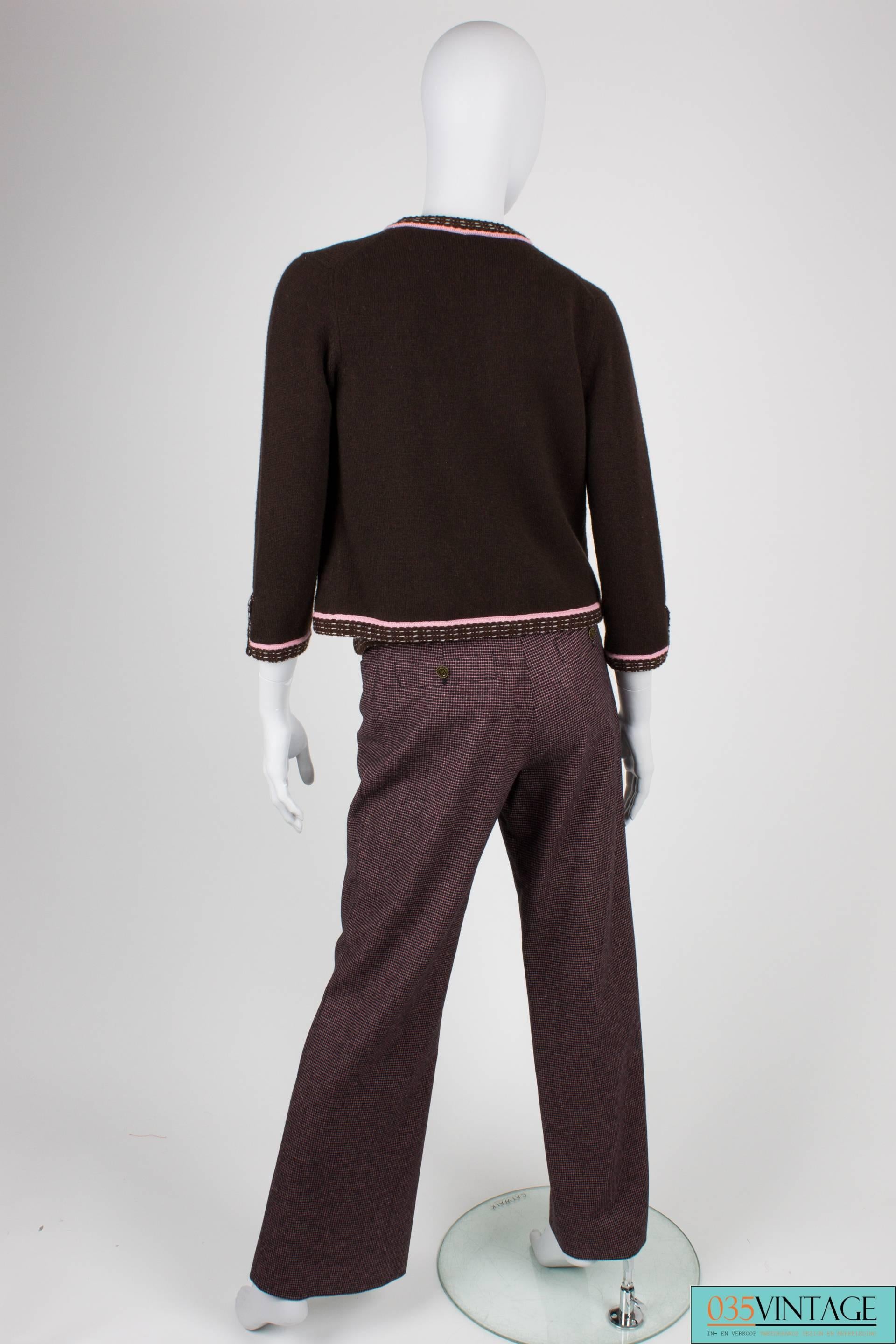 Black Chanel Cardigan/Top/Pants 3-pcs Suit - brown/pink For Sale