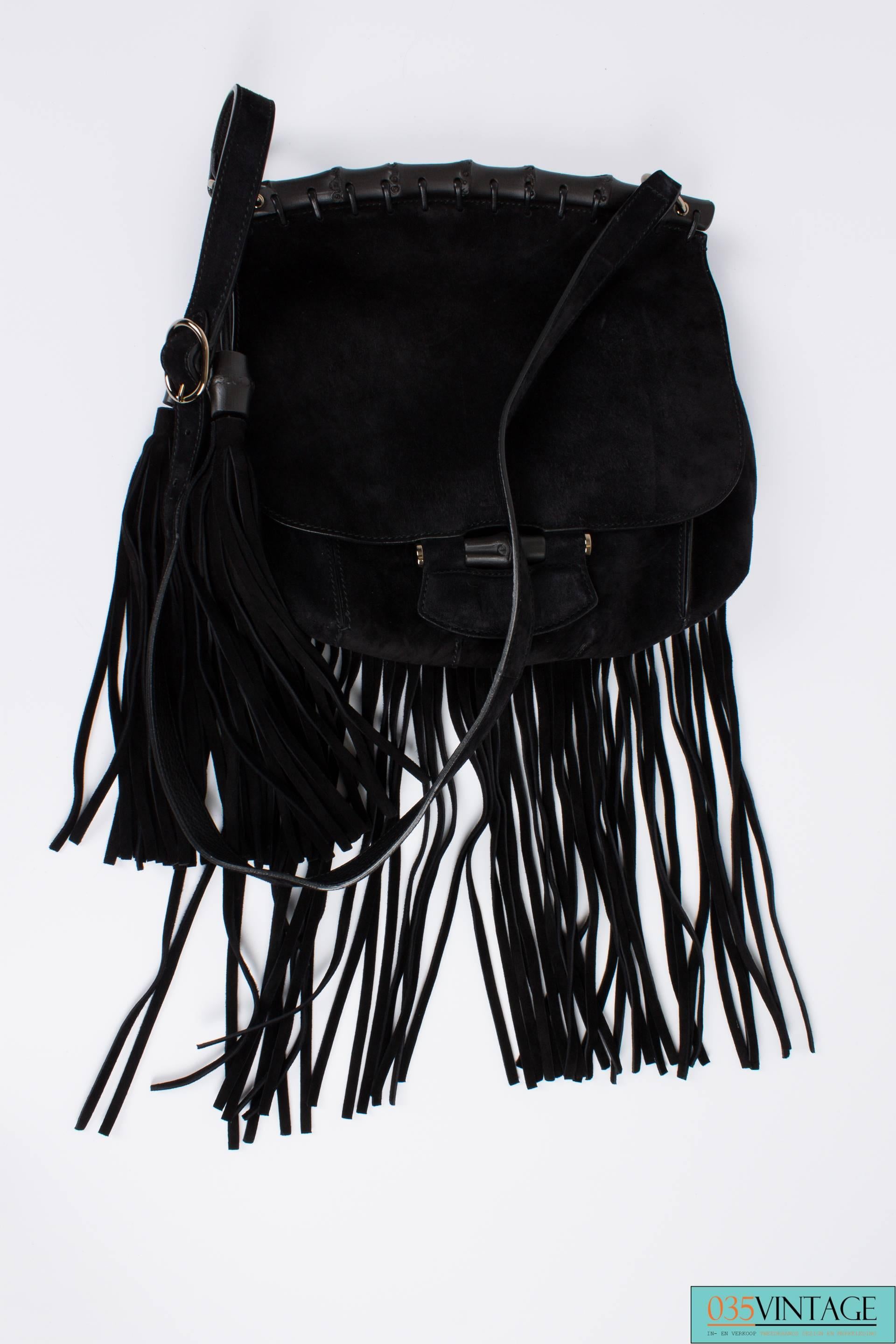 Gucci Nouveau Fringe Shoulder Bag - black suede/black bamboo 1