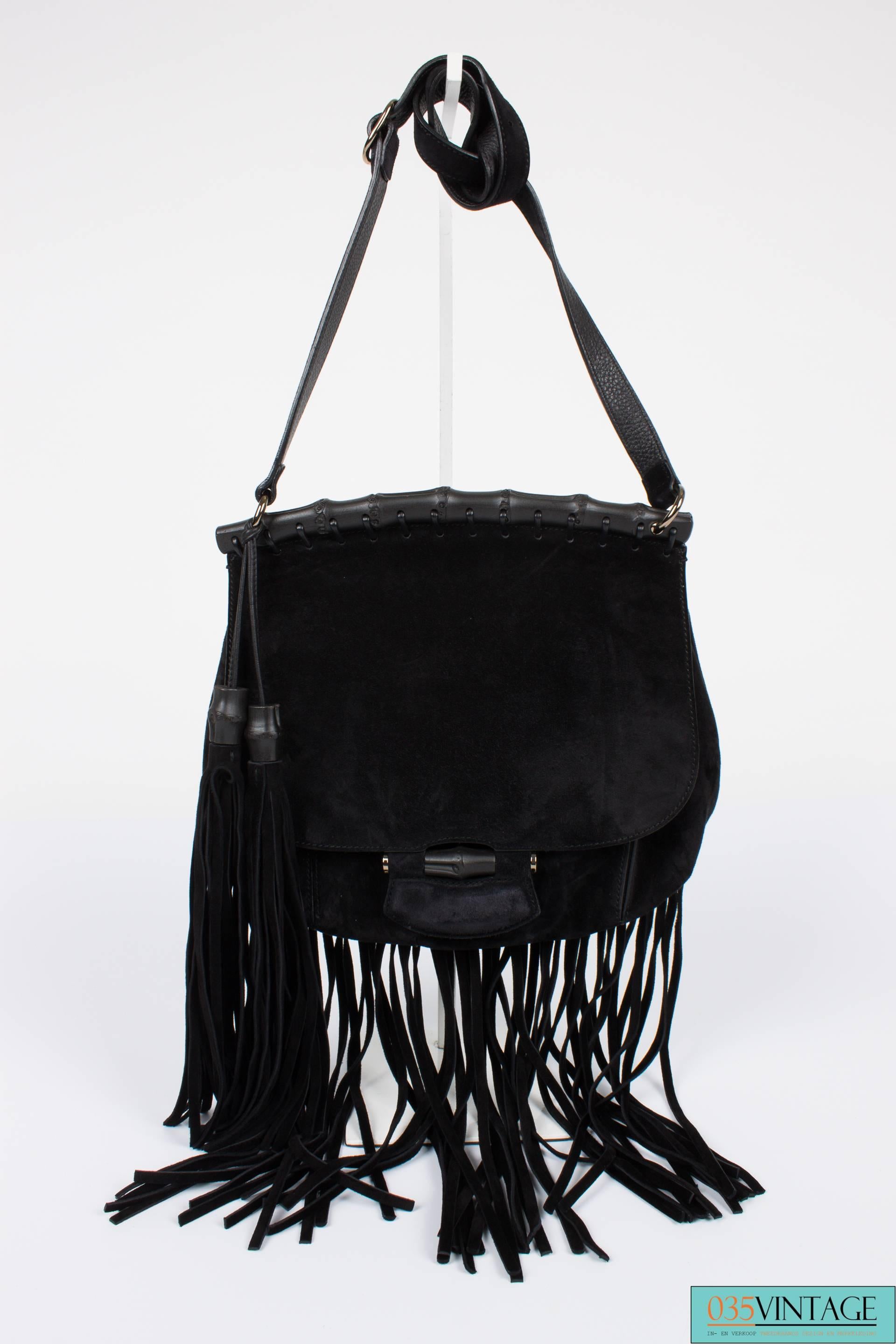 Gucci Nouveau Fringe Shoulder Bag - black suede/black bamboo 2