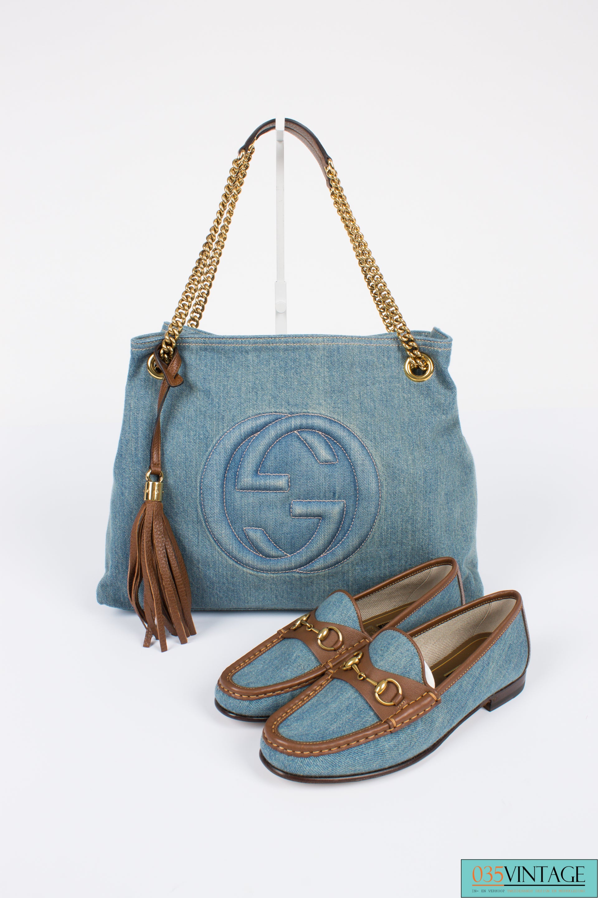 Gucci Blue Denim Medium Soho Tote Bag - blue denim/brown leather at 1stDibs