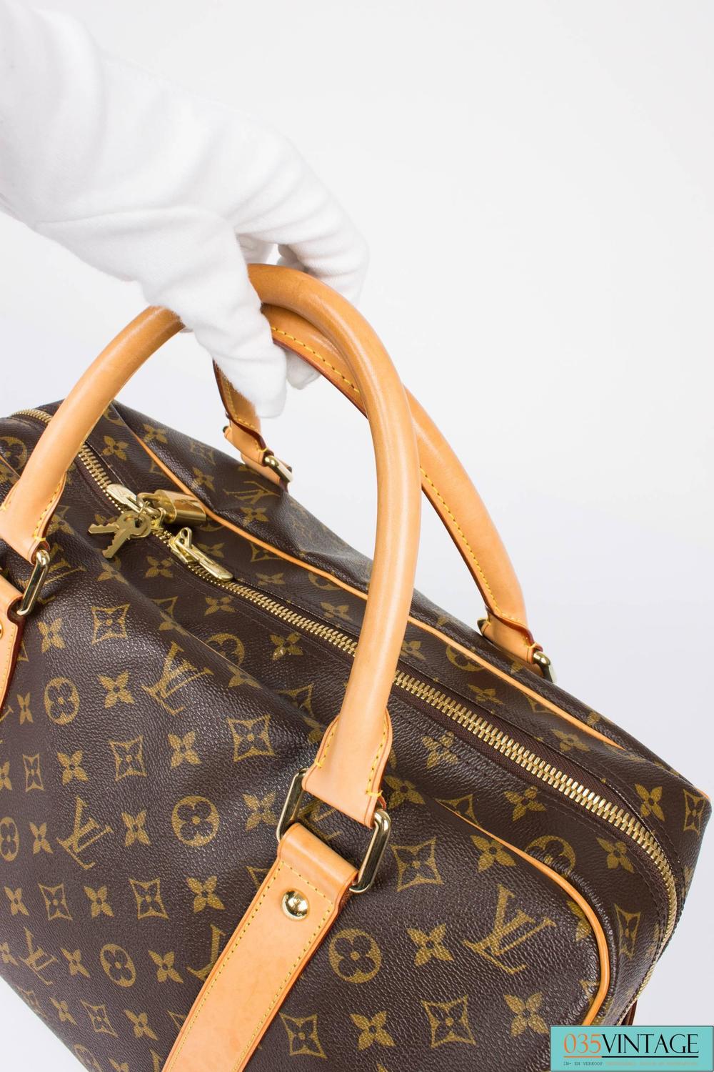 Louis Vuitton Carry All Weekend Bag - brown canvas/beige leather For Sale at 1stdibs