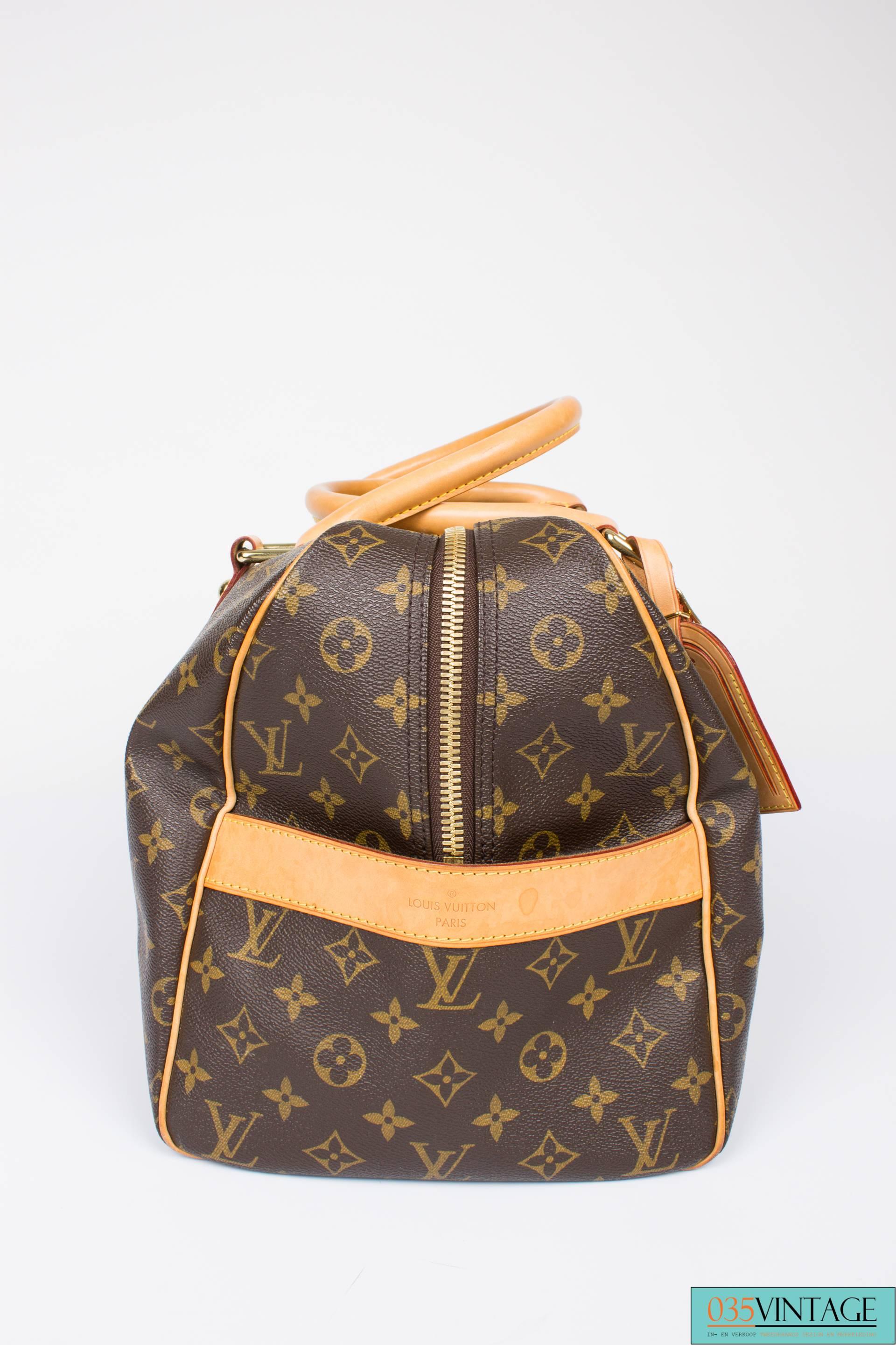 Louis Vuitton Carry All Weekend Bag - brown canvas/beige leather In Excellent Condition In Baarn, NL