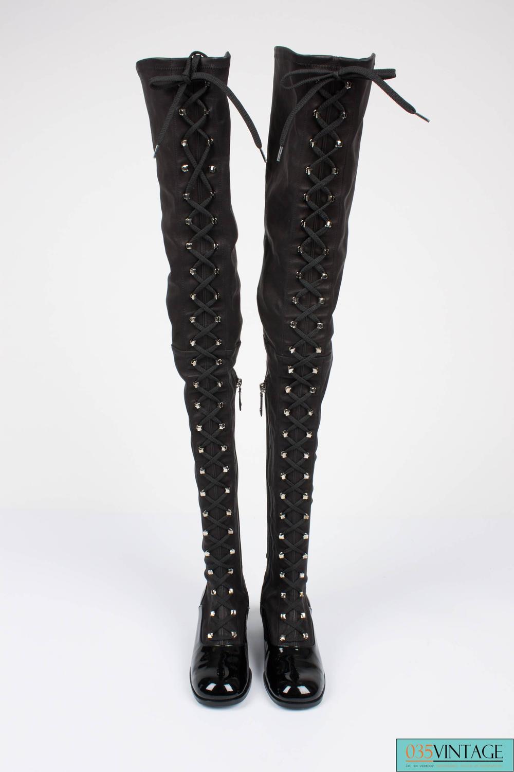 Chanel Thigh High Lace-up Boots - black For Sale at 1stdibs