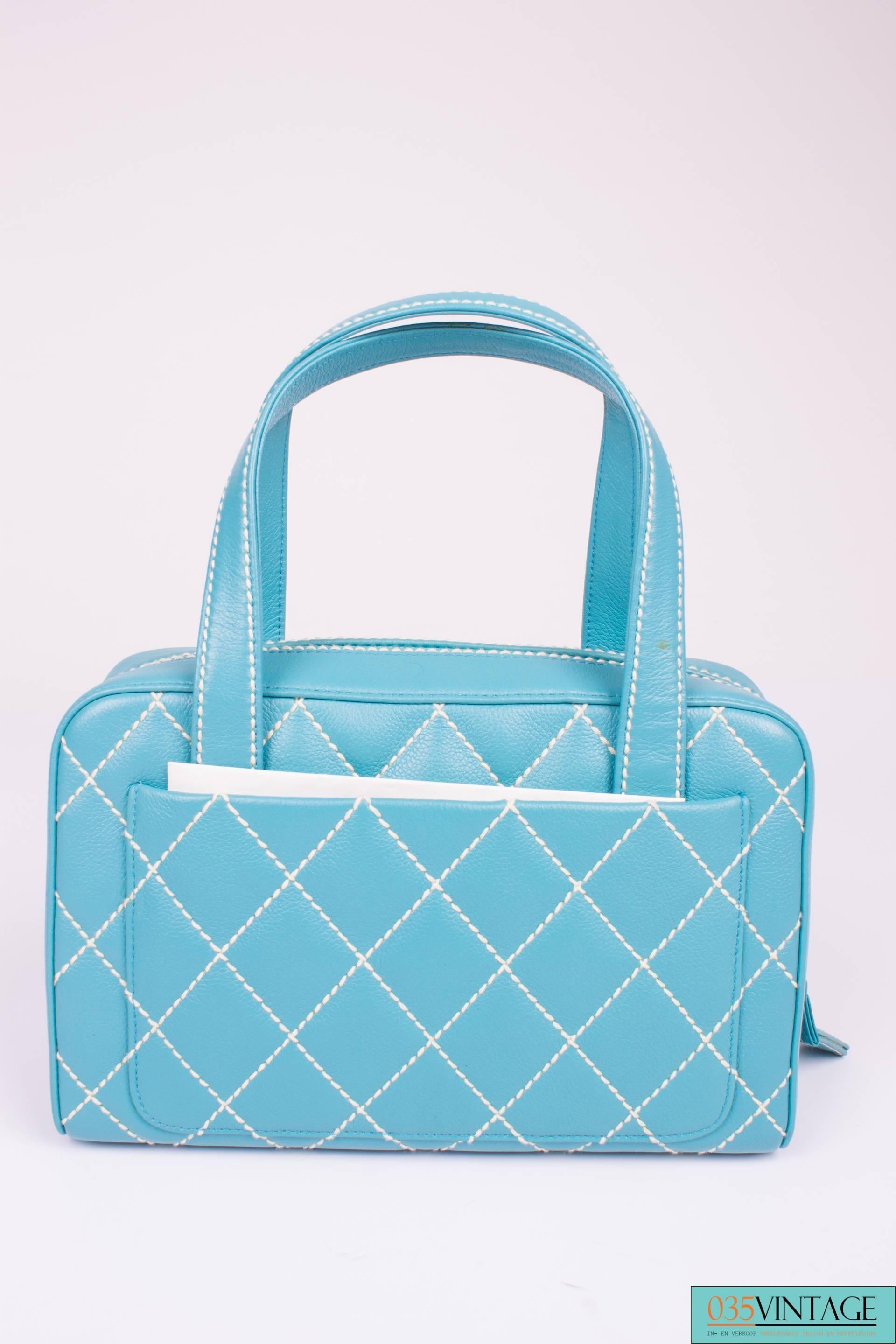Blue Chanel Wild Stitch Quilted Zip Tote Bag - blue leather