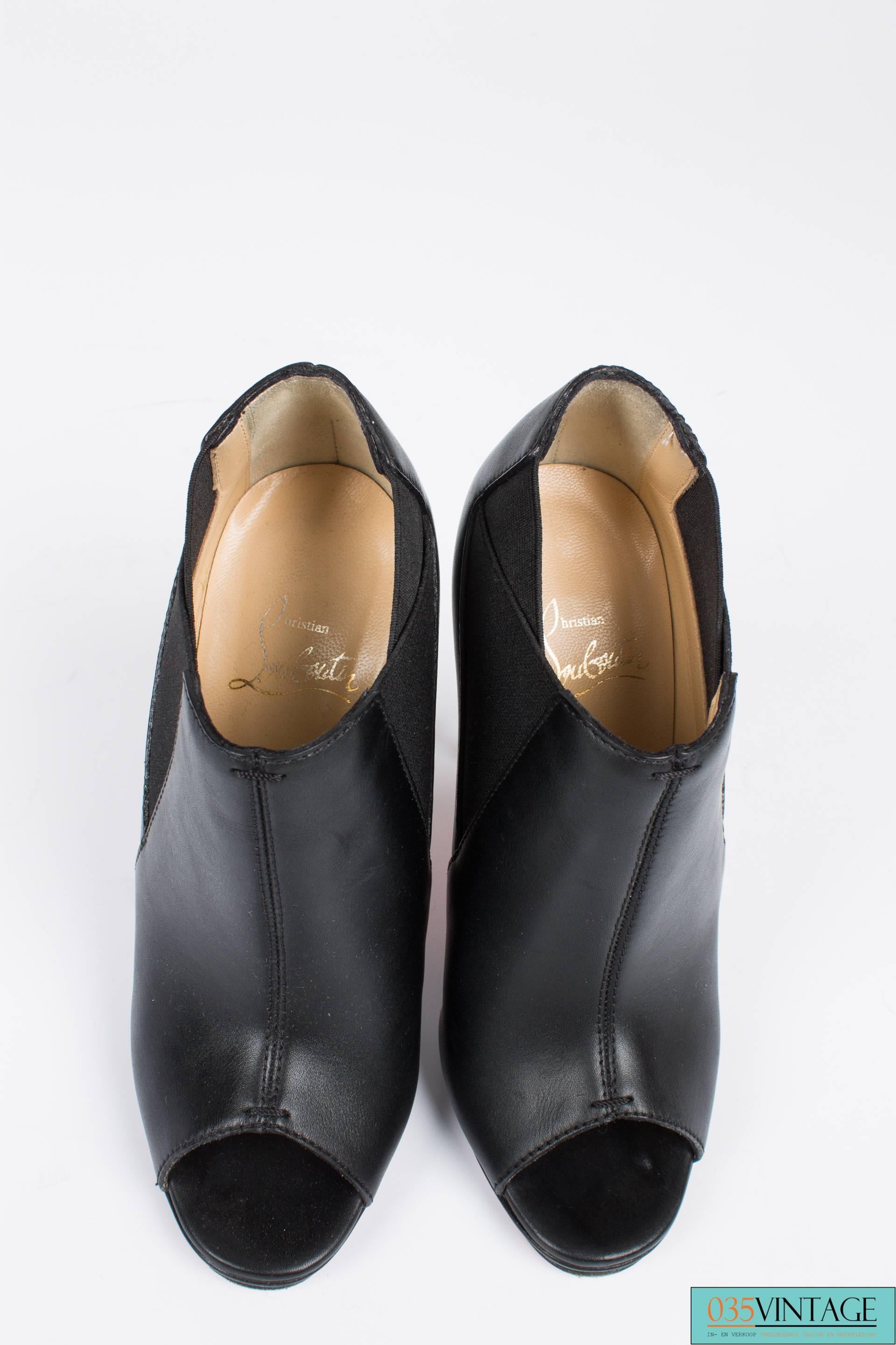 Women's Louboutin High Heeled Peep Toe Boots - black leather 