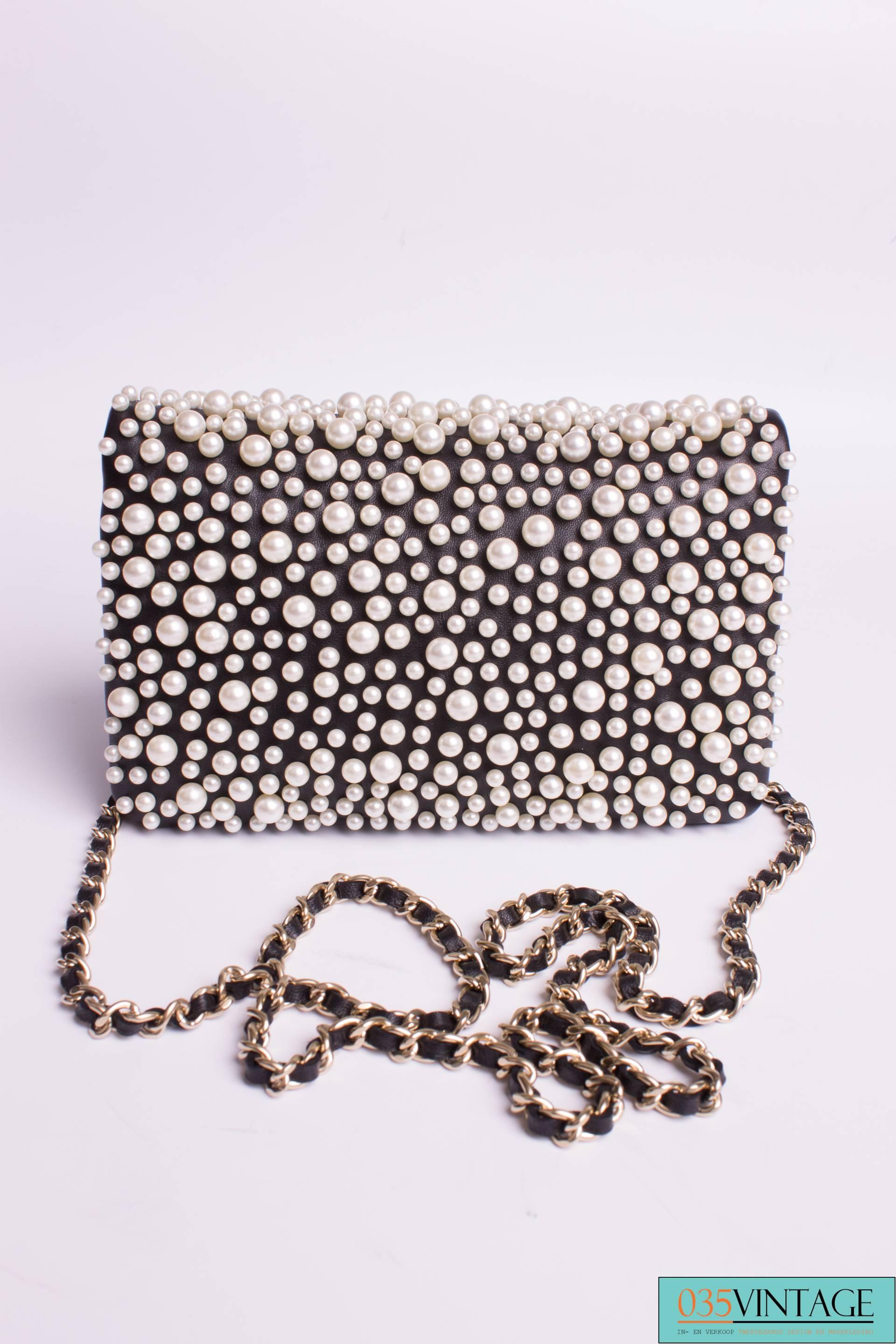 Black Chanel Pearly Flap Bag Cross Body WOC Wallet on Chain - black