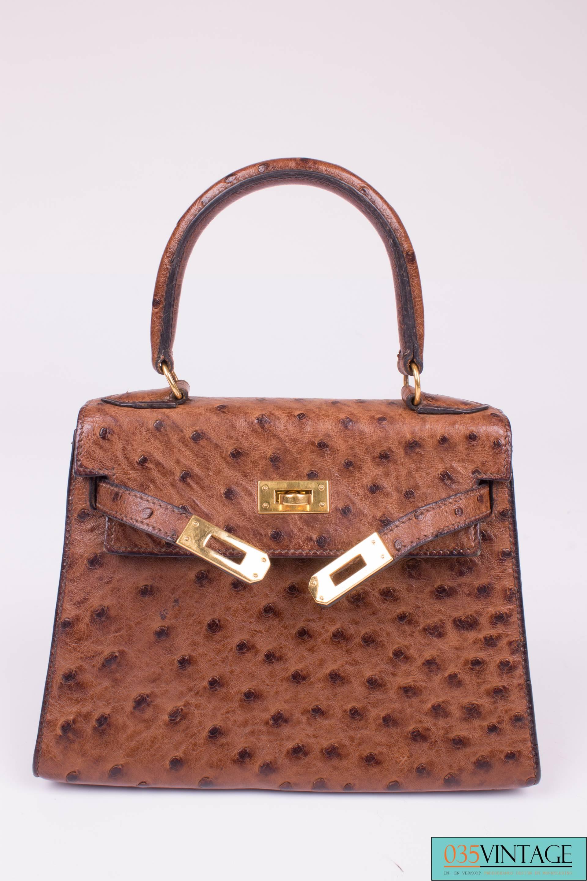 Brown Hermès Mini Kelly Bag 20 Ostrich Leather - chocolate brown 