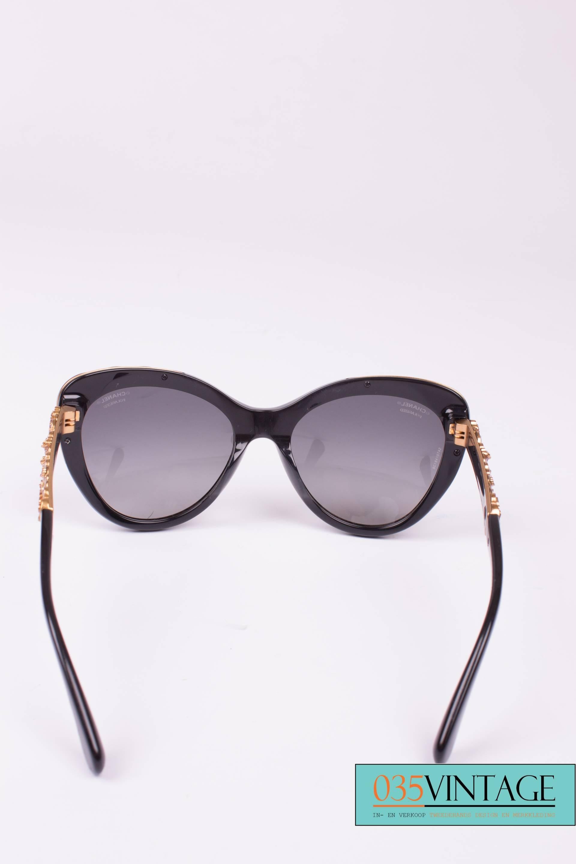 Gray Chanel Cat Eye Sunglasses Camellia Flowers Gold - black 