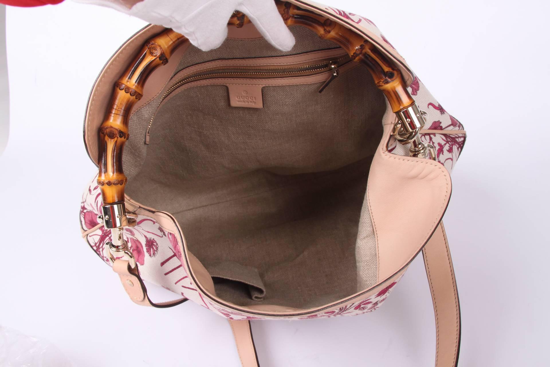 Beige  Gucci Canvas Floral Peggy Bamboo Top Handle Hobo - pink