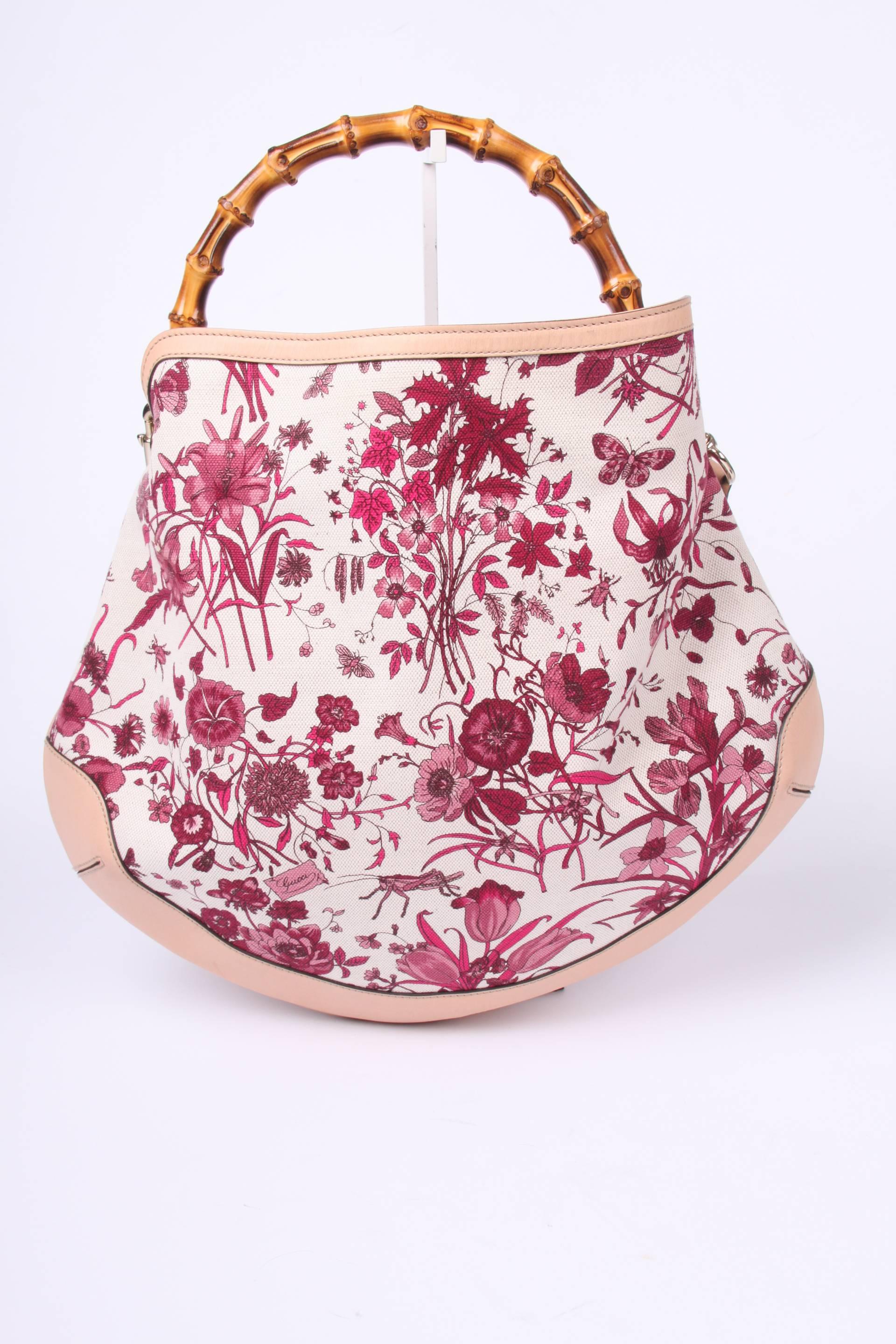  Gucci Canvas Floral Peggy Bamboo Top Handle Hobo - pink In Excellent Condition In Baarn, NL
