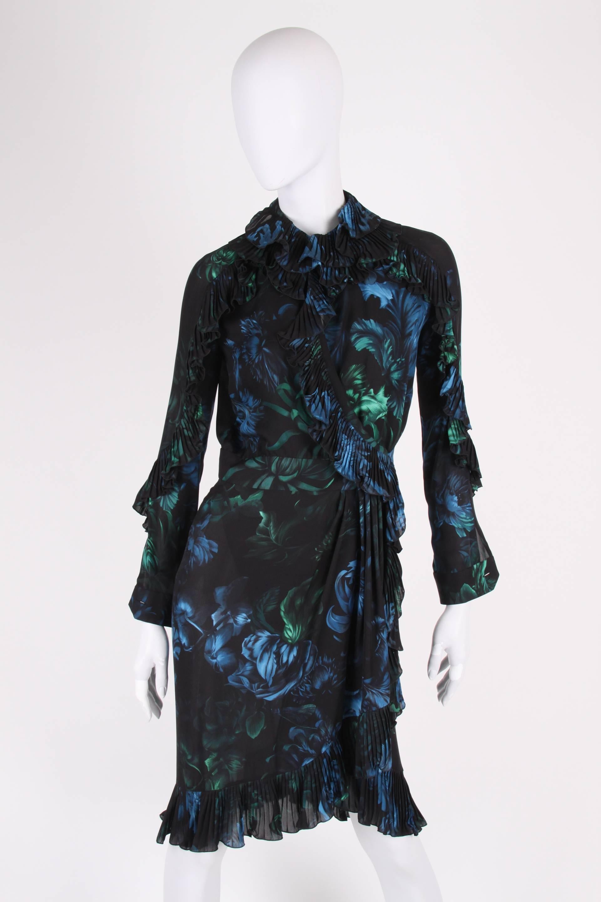 Women's Gucci Silk Wrap Dress Floral Print - black blue green 