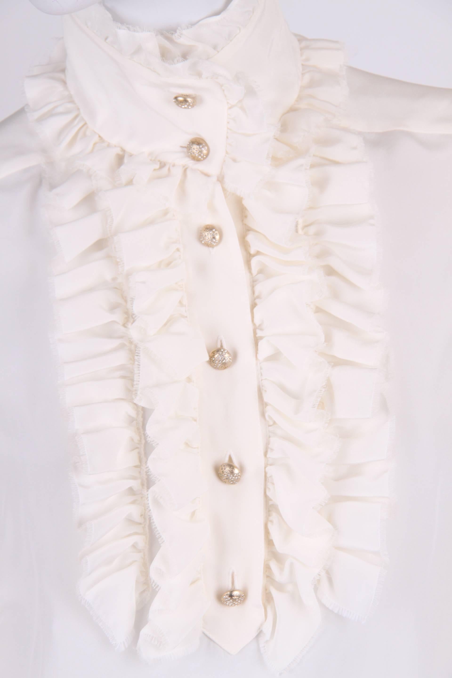 White Chanel Silk Ruffle Trim Blouse - ivory white 