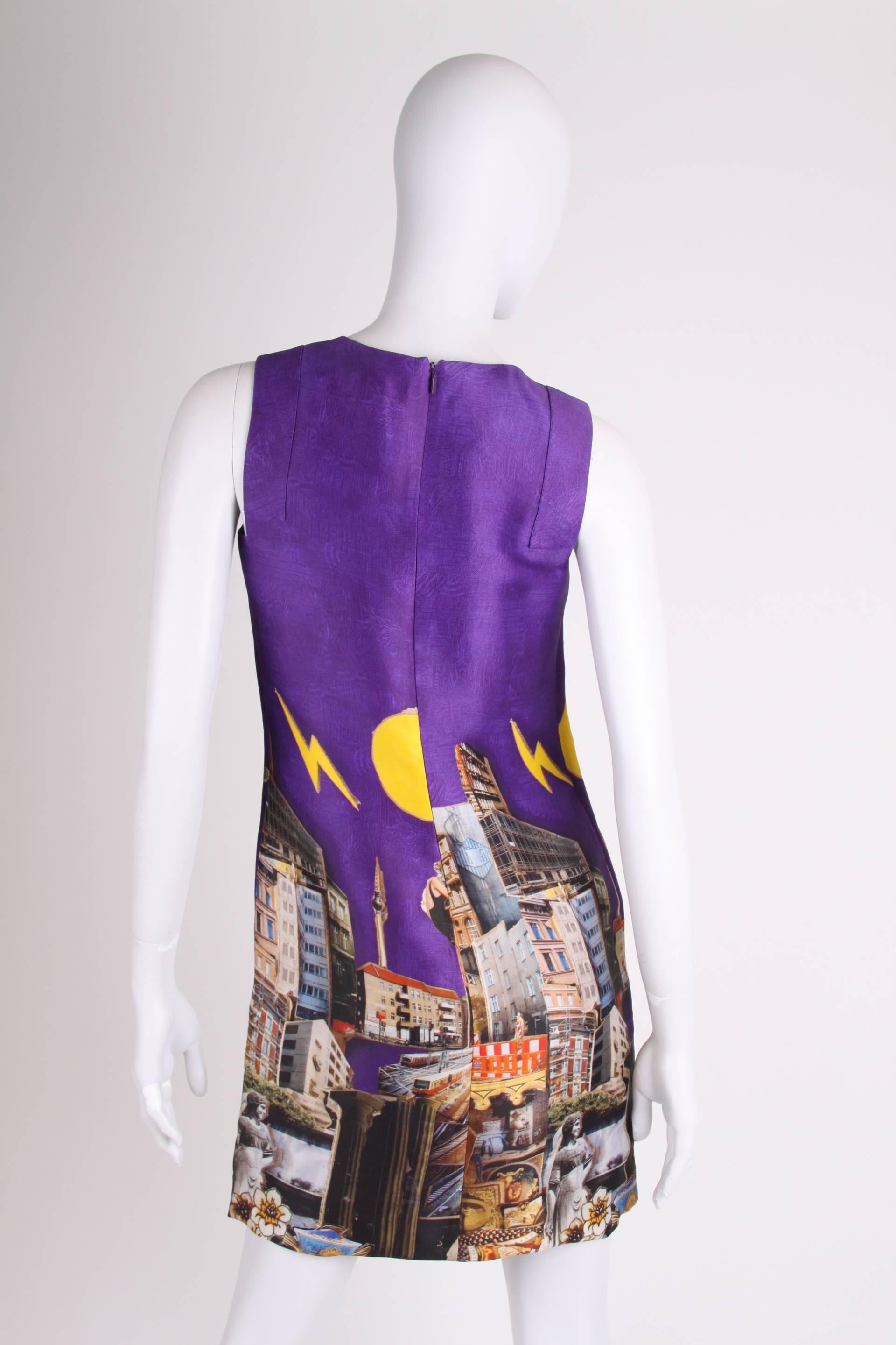 This Versace dress from the fall/winter collection of 2008 was designed by a very special couple: Donatella Versace and the Dutch artist Tim Roeloffs. Highly collectable!

The beautiful and colourful print is based on images of Berlin, the main