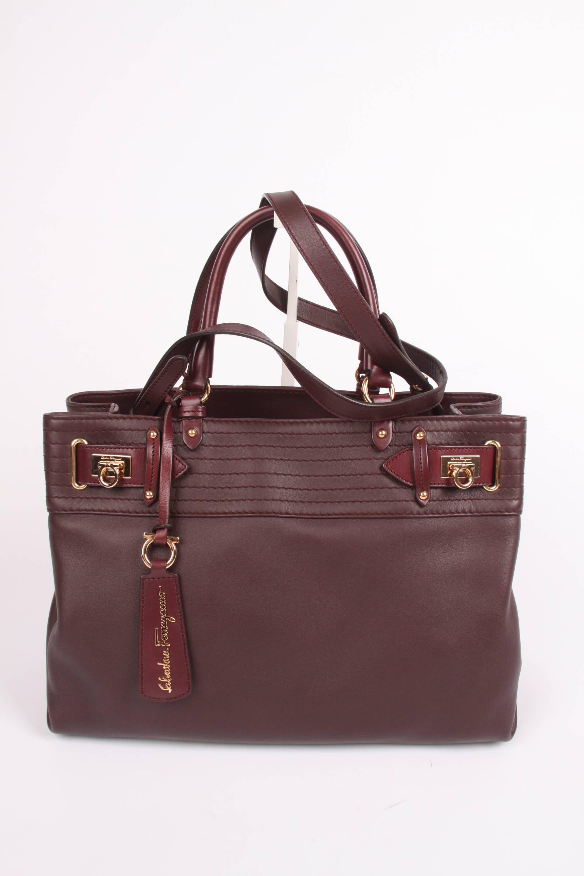 Salvatore Ferragamo Leather Buckled Tote Bag Visone - burgundy red 3