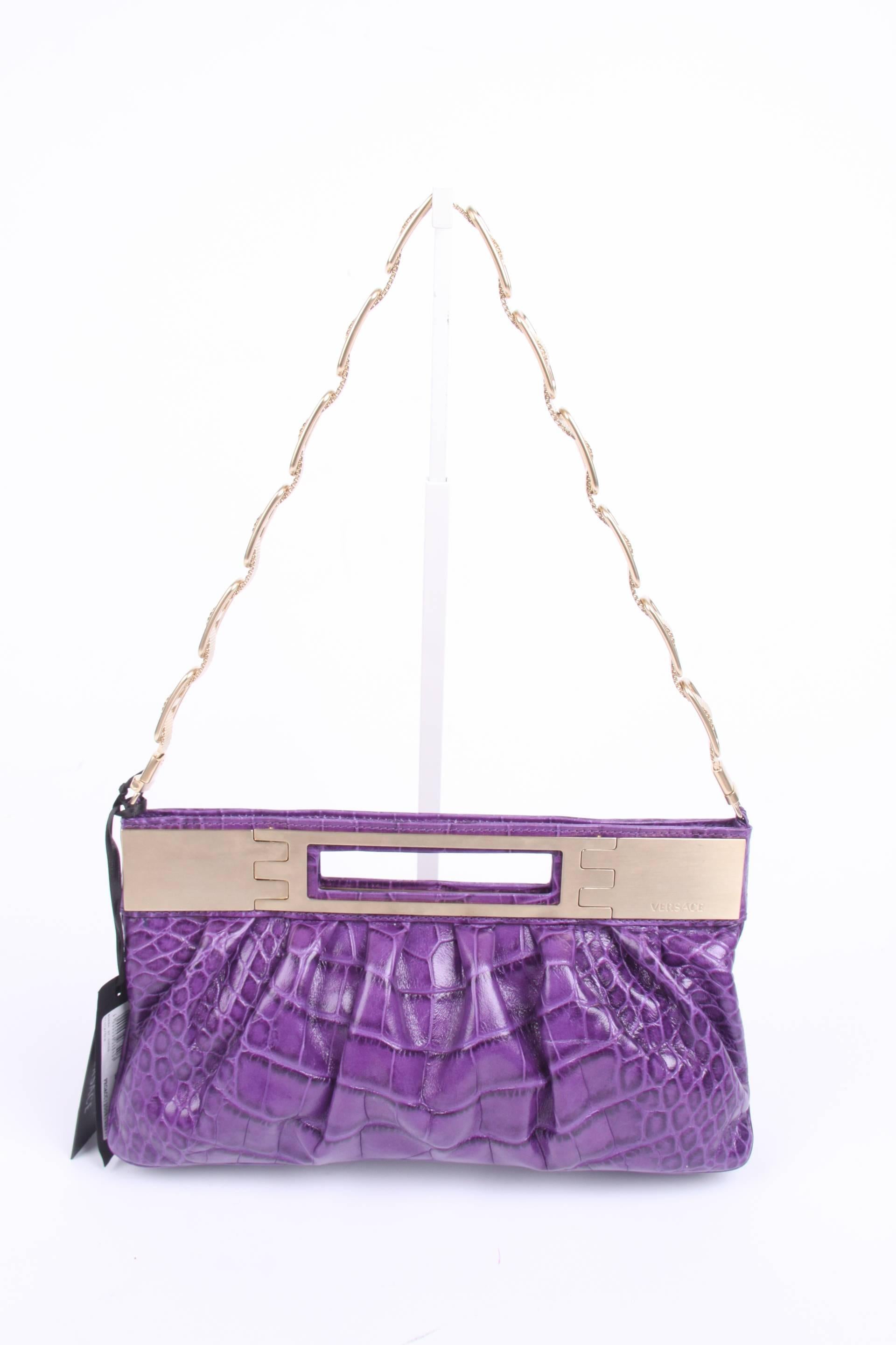 Versace Leather Clutch Croco Print - purple 2008 For Sale 1