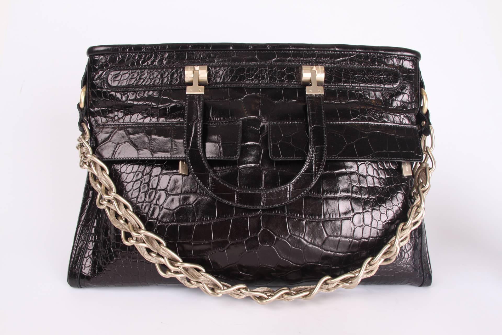Black Versace Croco Print Leather Bag - black 2008